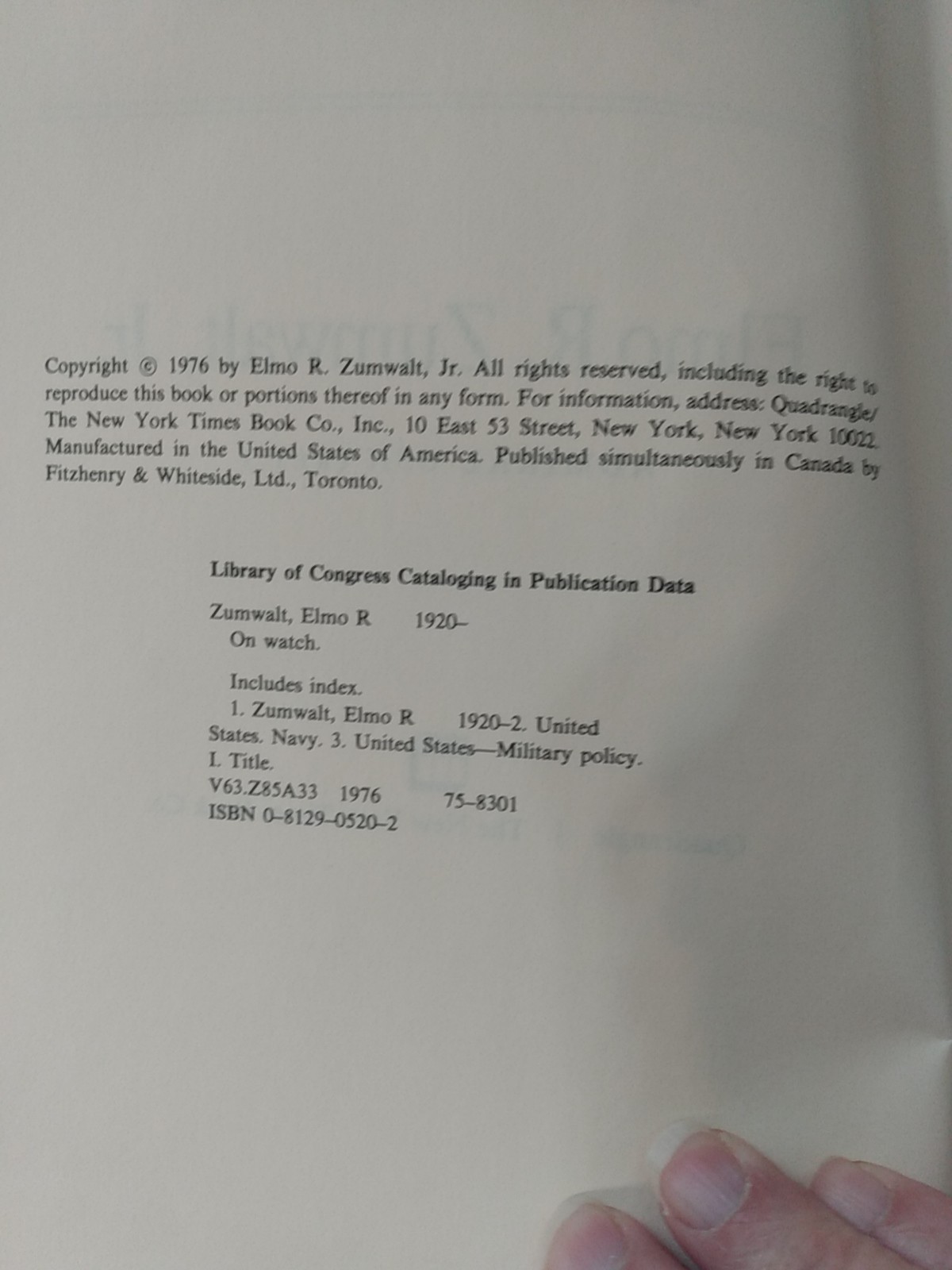 Nixon Cold War military policy book, On Watch: A Memoir Elmo R Zumwalt Jr. HCDJ