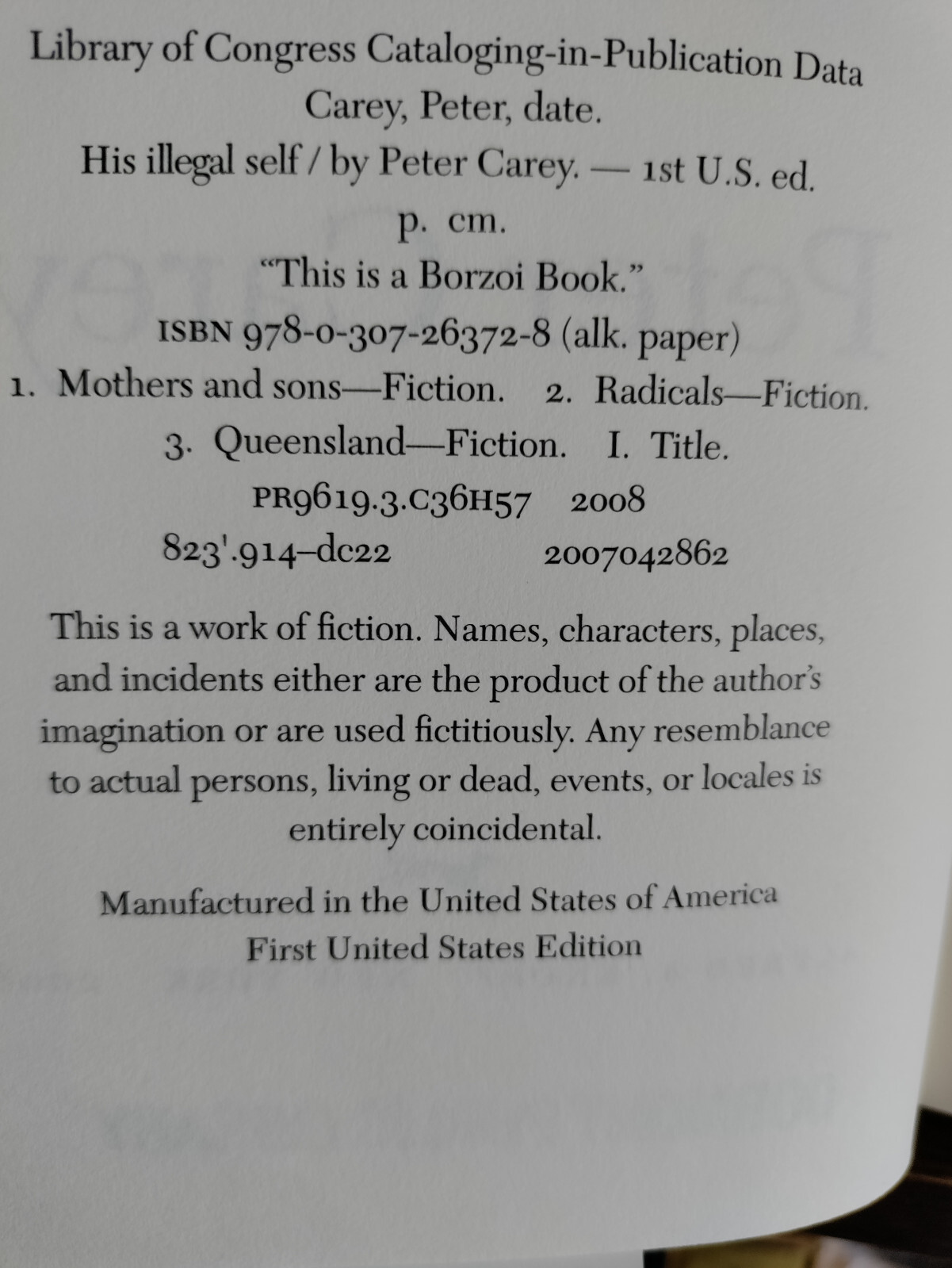 His Illegal Self_Peter Carey_HCDJ_1st Edition / 2nd Printng_Ex-library_Very Good