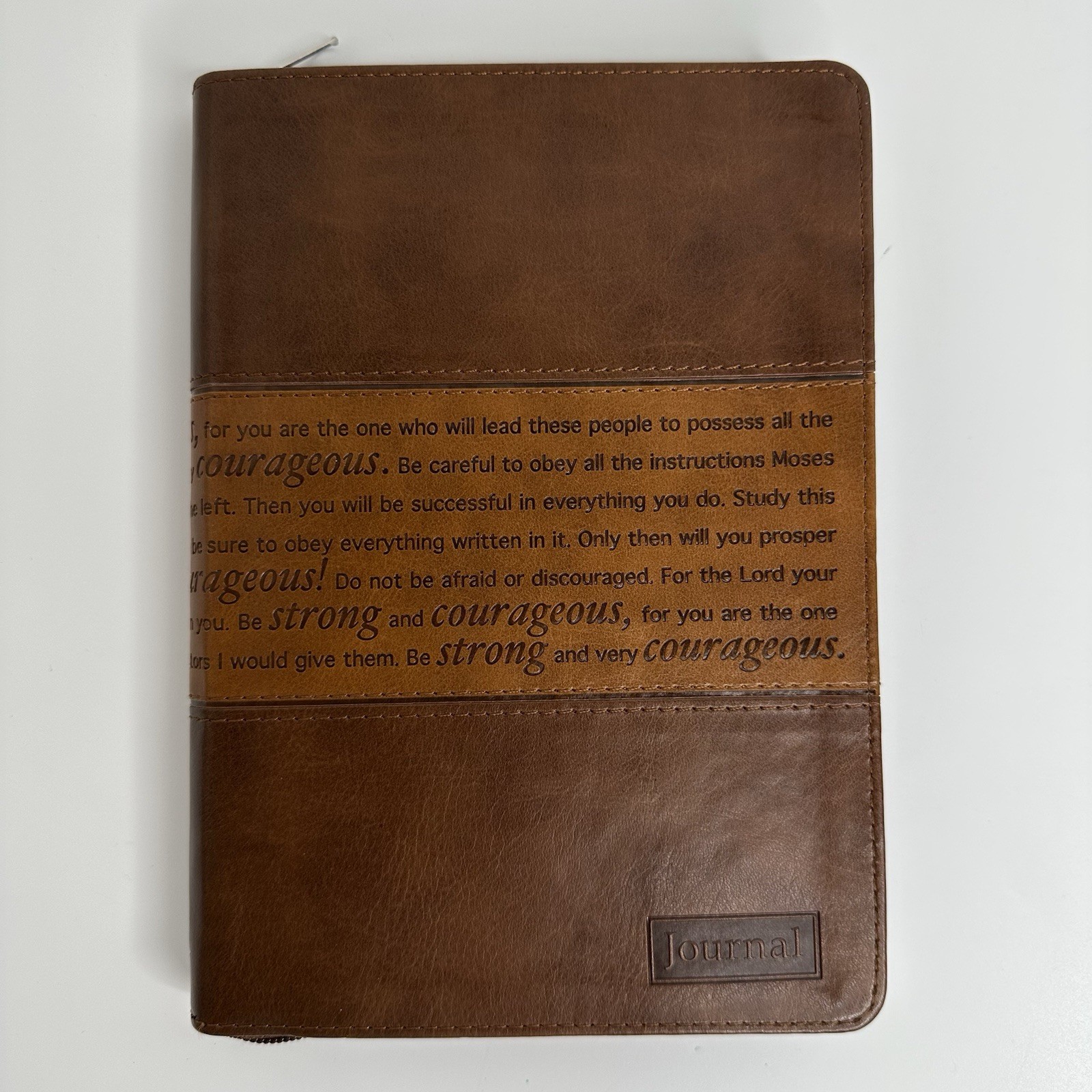 Strong & Courageous Journal Brown Vegan Leather Zip Lined Christian Art Gifts