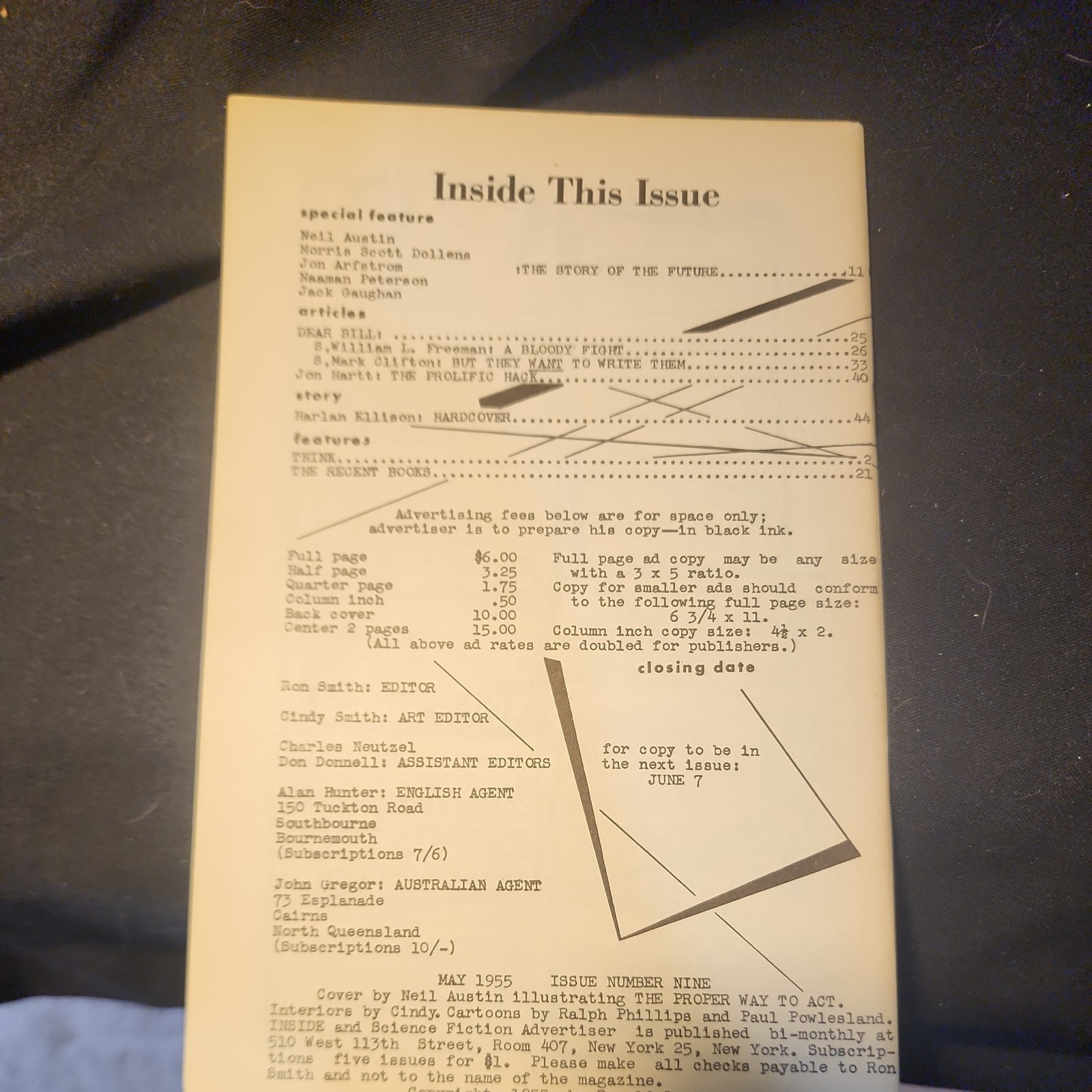 Inside and Science Fiction Advertiser #9 May 1955 “Hardcover” story by Ellison