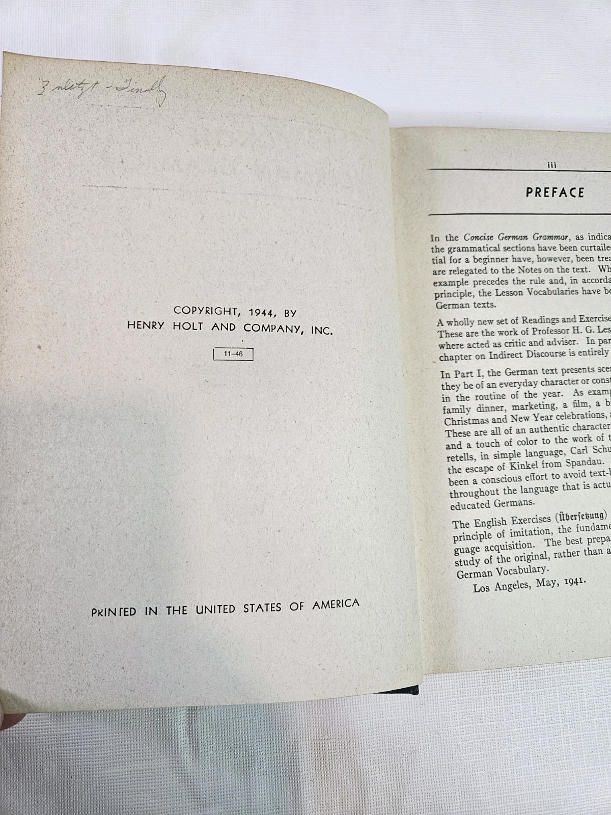 Concise German Grammar With Supplemenary Exercises BJ Voss 1944 Textbook HC