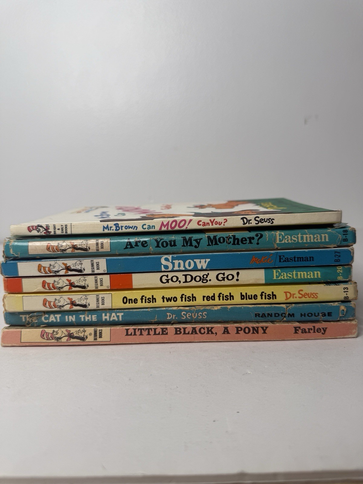 VTG 70s Dr Suess 1st Edition Books Lot of 7 with 1975 Cat in the Hat Plush Toy