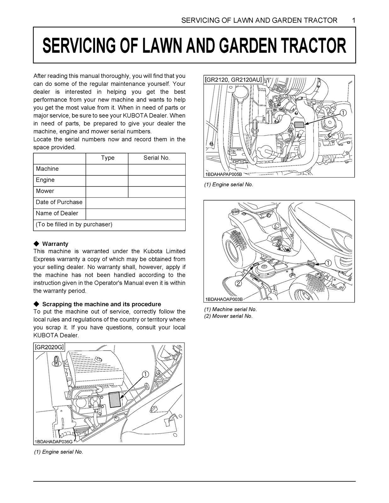 KUBOTA GR2020G GR2120 GR2120AU Lawn Ride on Mower Operators Manual – WIRE BIND