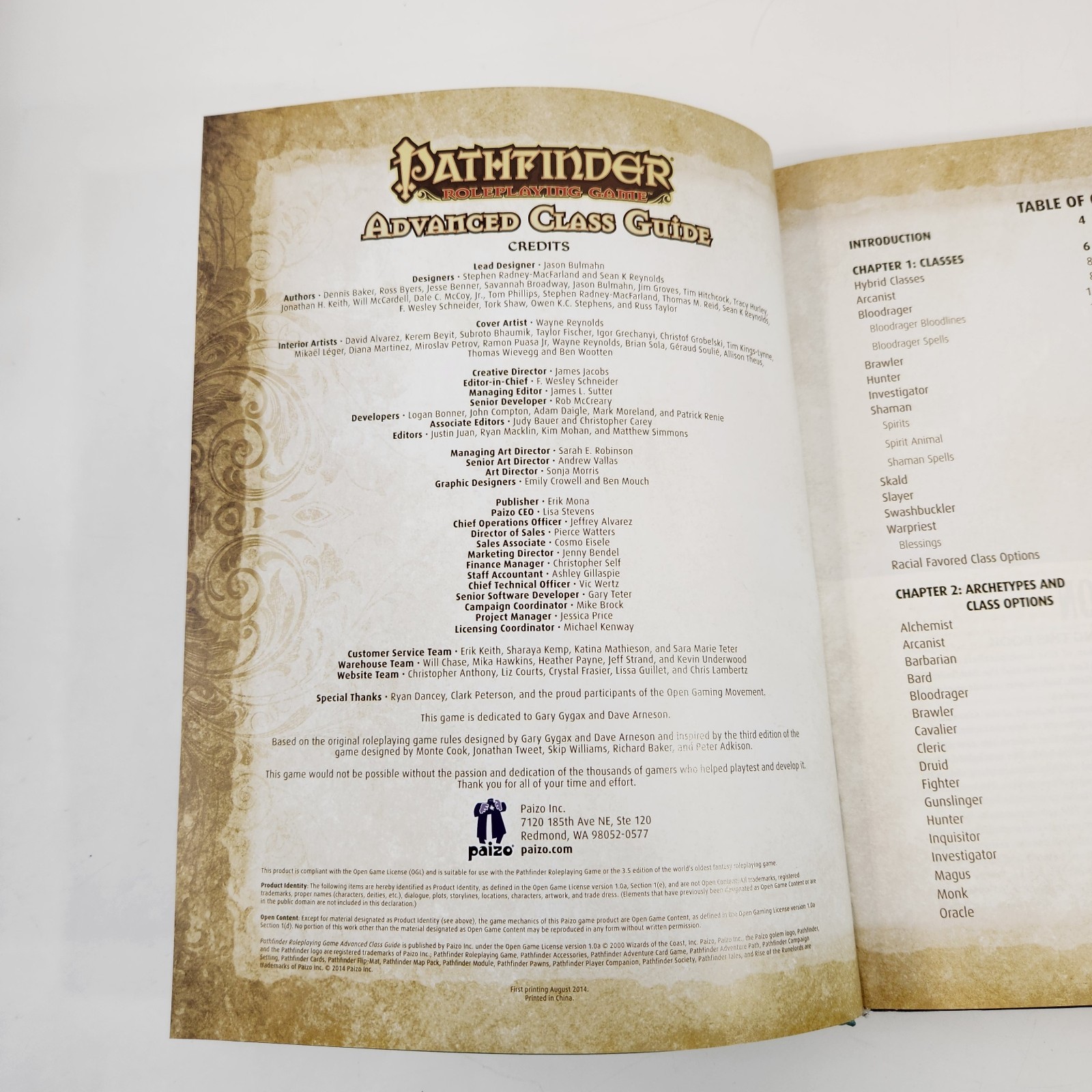 Pathfinder Advanced Class Guide RPG Book First Printing Paizo Bulmahn 2014