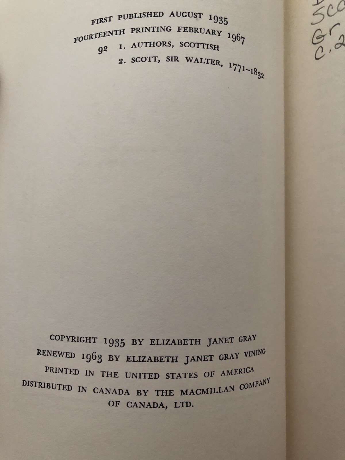 Young Walter Scott Elizabeth Janet Gray HCDJ 1967 14th Printing Viking Press