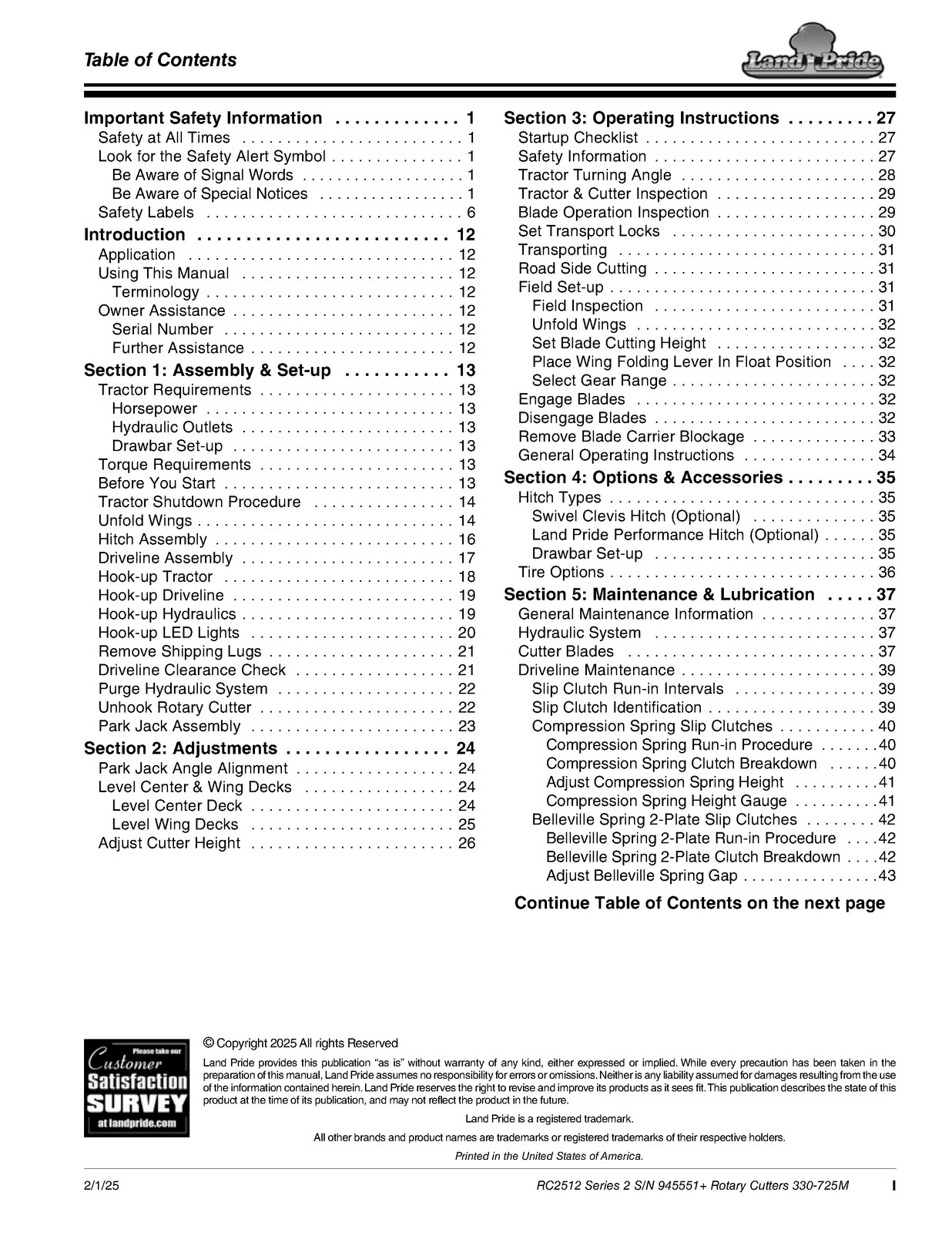 LAND PRIDE RC2512 Rotary Cutters Operators Manual – WIRE BOUND – TOUGH COVERS