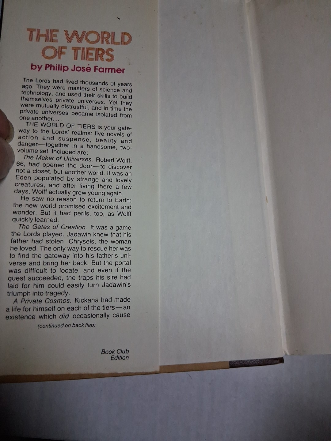 THE WORLD OF TIERS Vol 1 & 2 by Philip Jose Farmer Book Club Edition HC/DJ Set