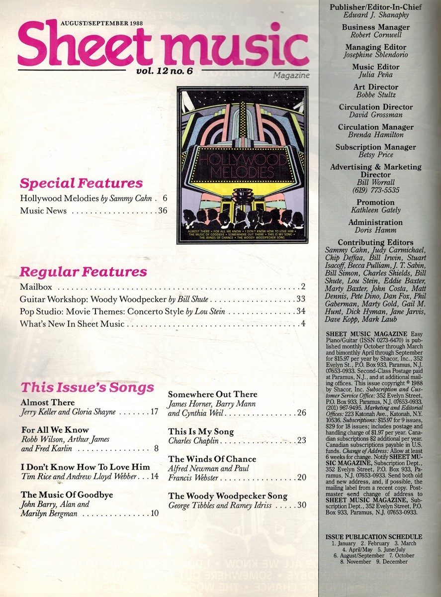 SHEET MUSIC MAGAZINE AUGUST/SEPTEMBER 1988 Magazine, Sheet Music 1988 Single