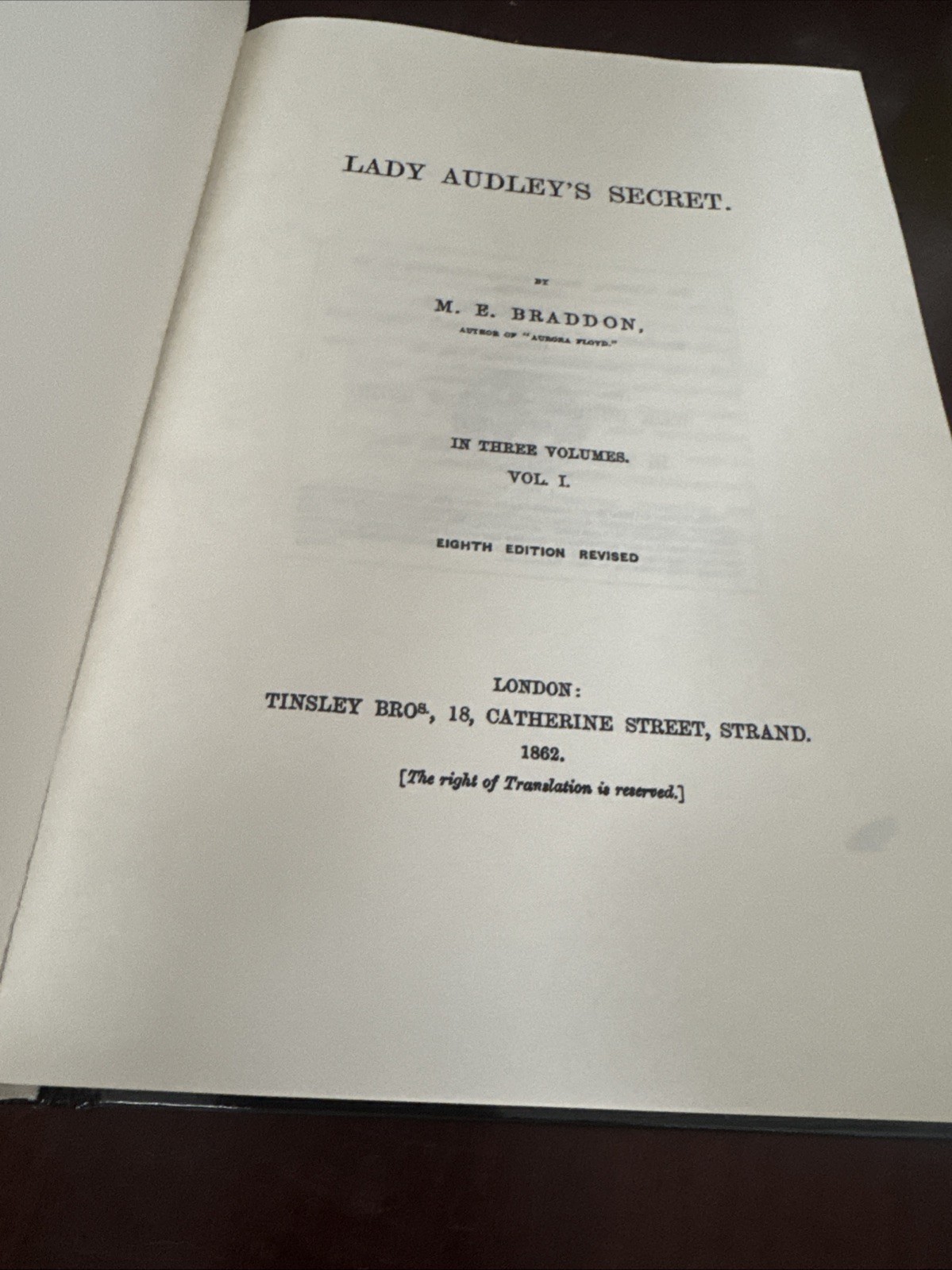 Lady Audley’s Secret by M. E. Braddon – Volume 1 Eight Edition Revised