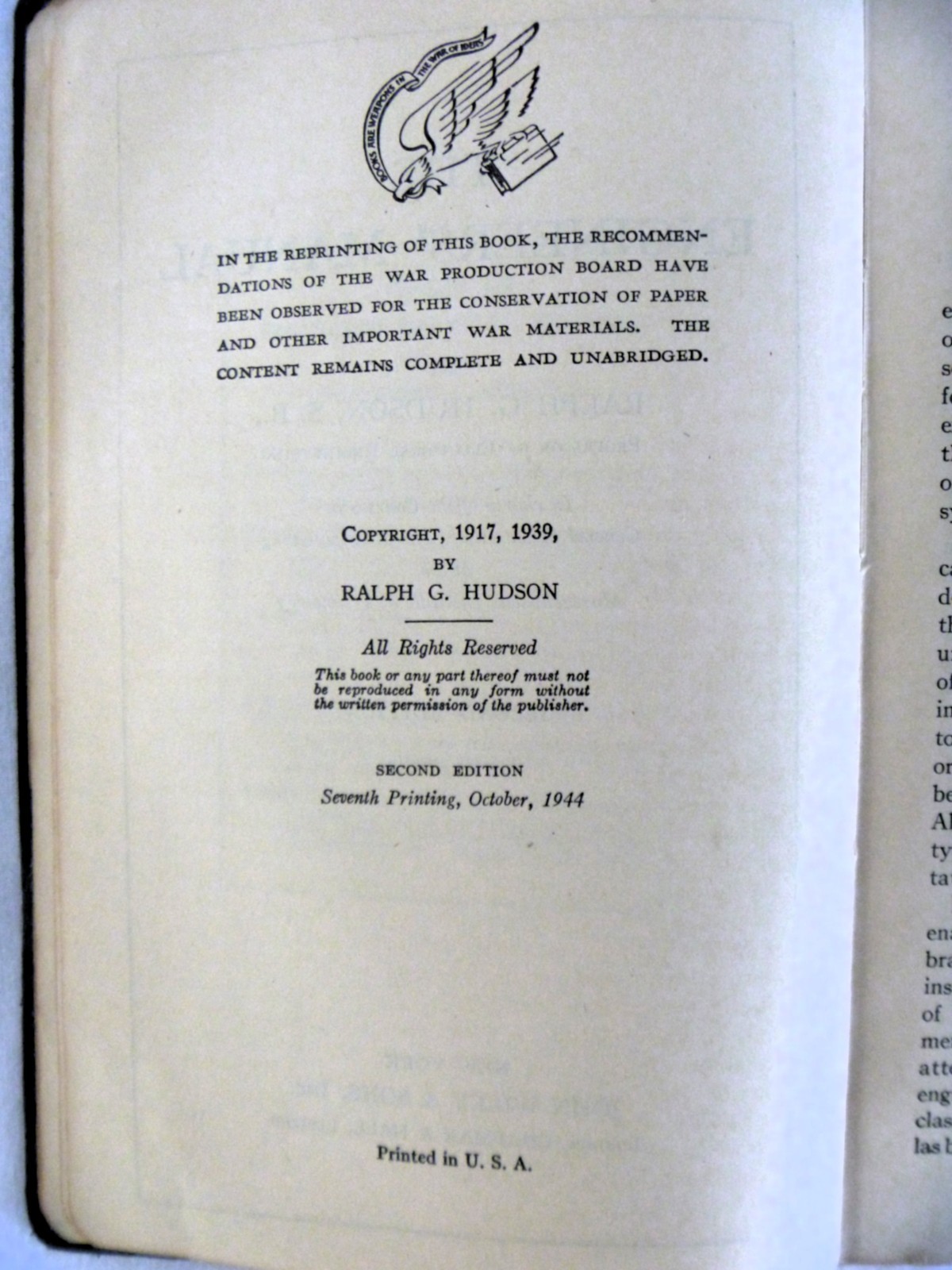THE ENGINEERS’ MANUAL by Ralph G. Hudson 2nd Edition ~ 7th printing ~ Oct 1944