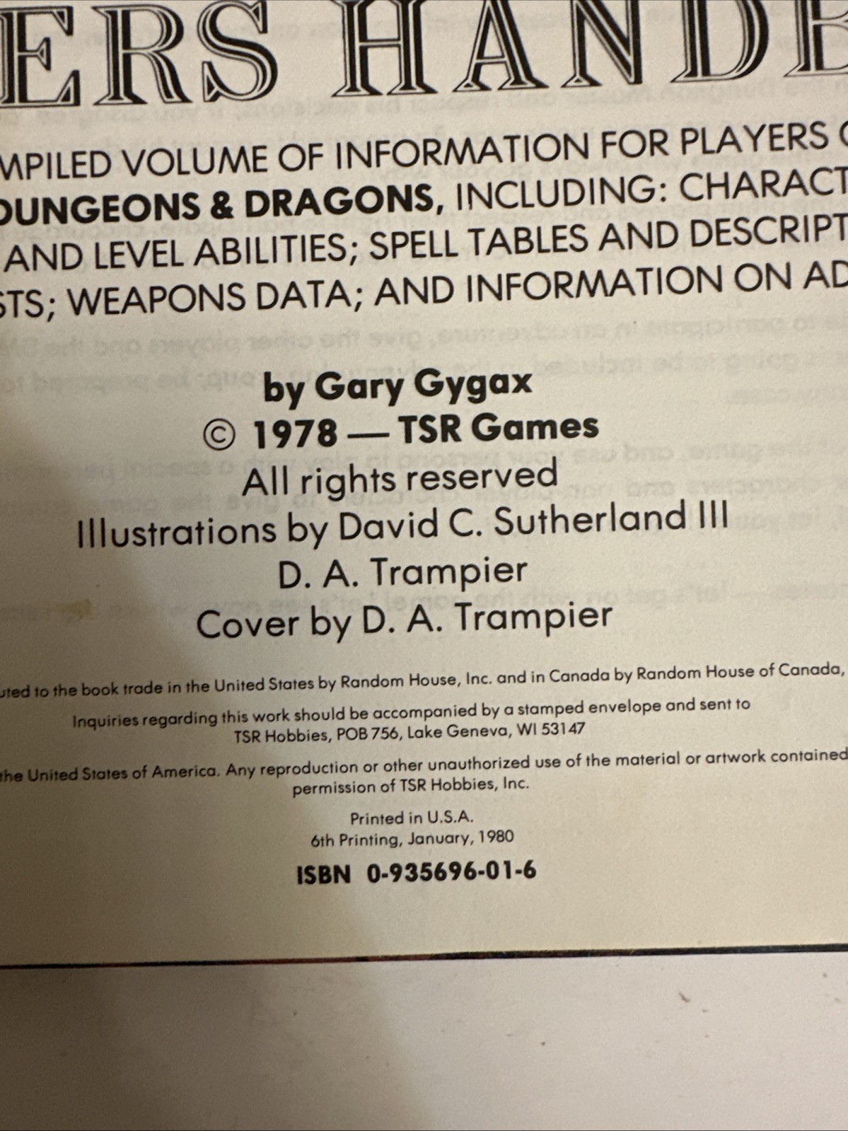 Players Handbook 1978/1980 6th Print 1st Edition Dungeons & Dragons