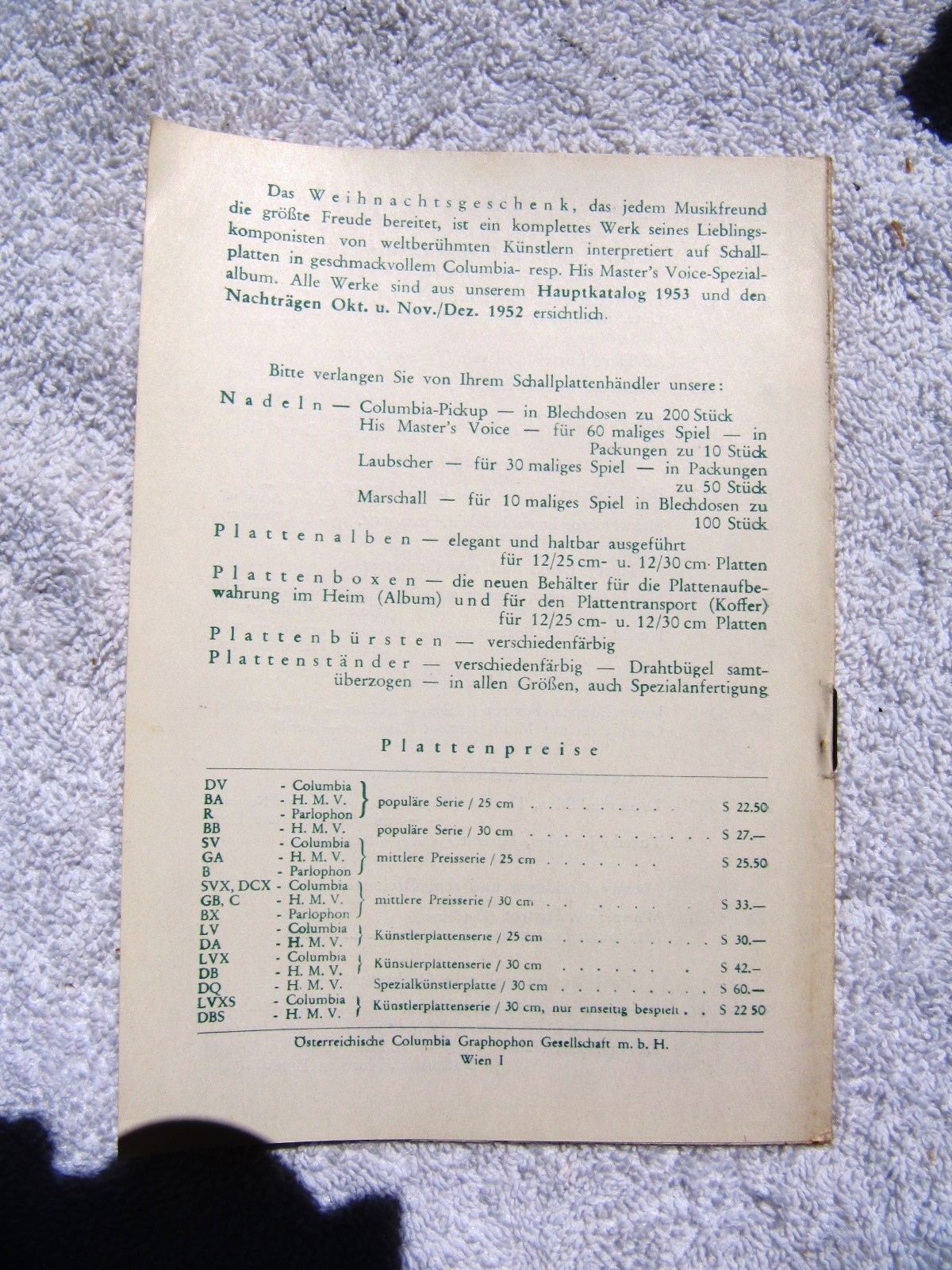 Nov-Dec 1953 AUSTRIAN HMV Columbia Parlophone Supplement German RECORD CATALOG