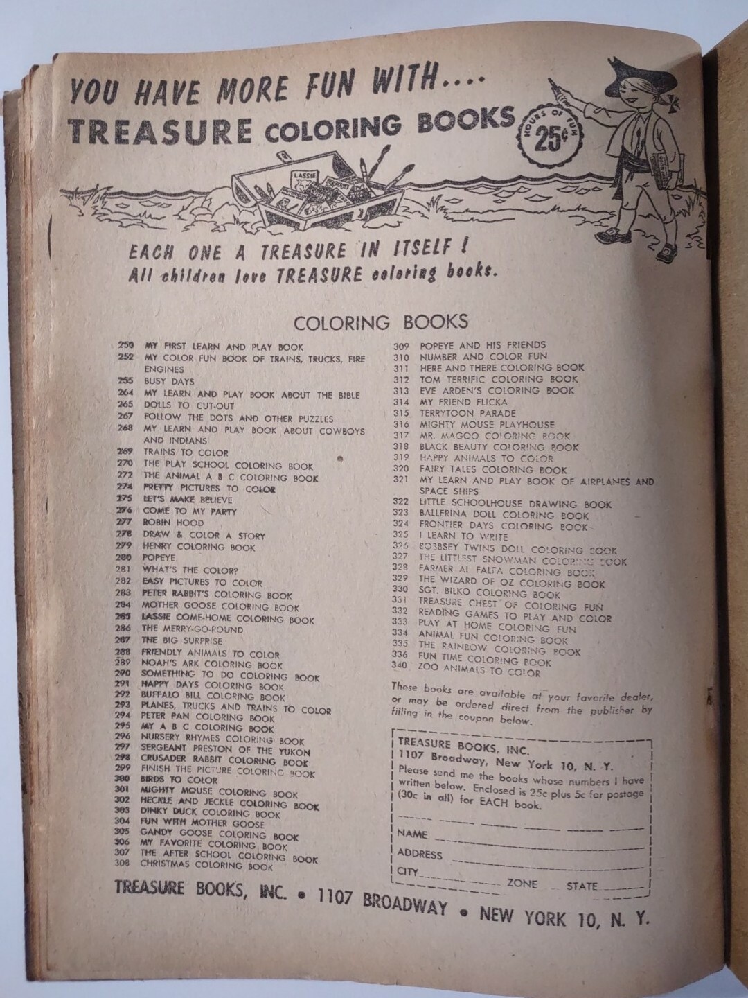 1959 FUN TIME Coloring Book #336 Treasure Coloring Books UNCOLORED 60+ pages.
