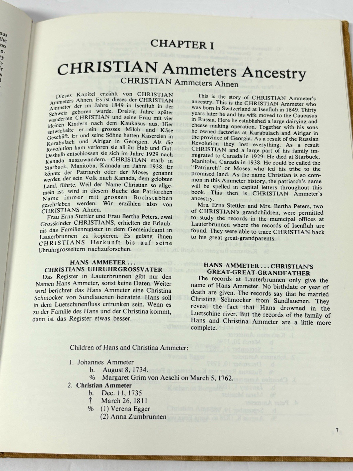 History and Genealogy of Christian Ammeter 1849-1938 by P.J. Peters Canada 1982