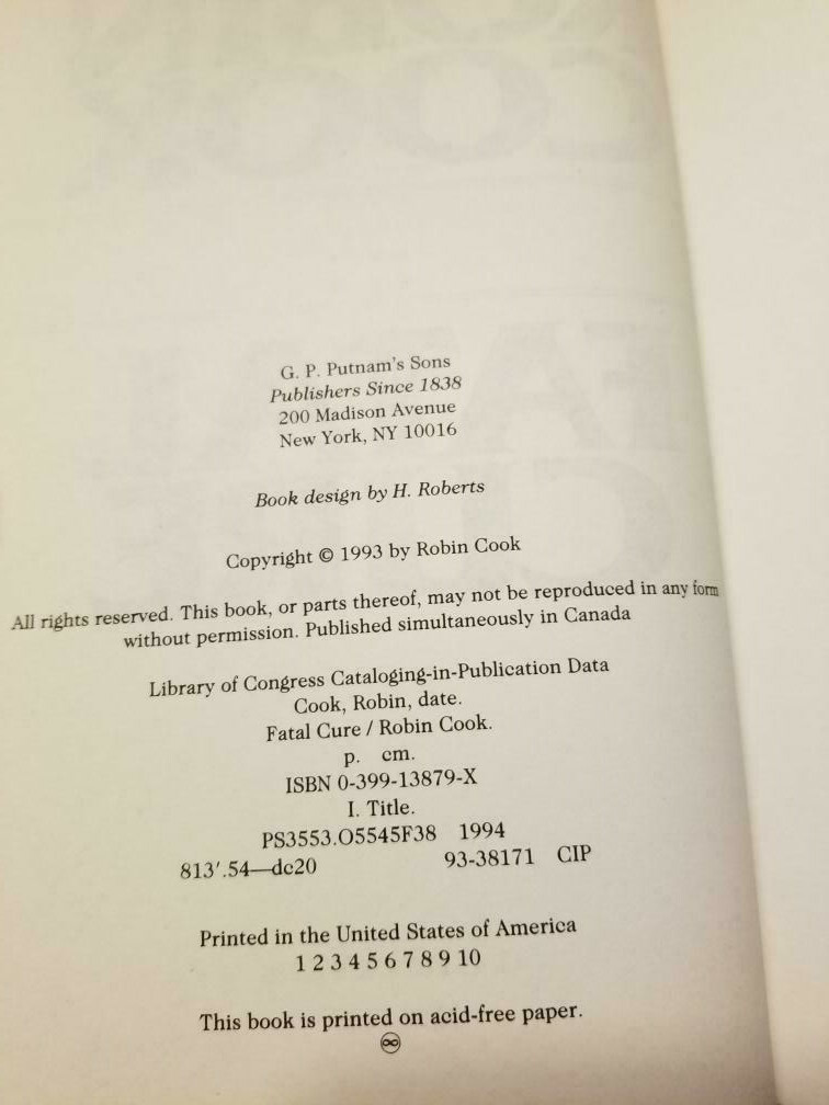 Fatal Cure by Robin Cook 1993 1st Edition 1st Print Full Sized Hardback DJ VGC!!