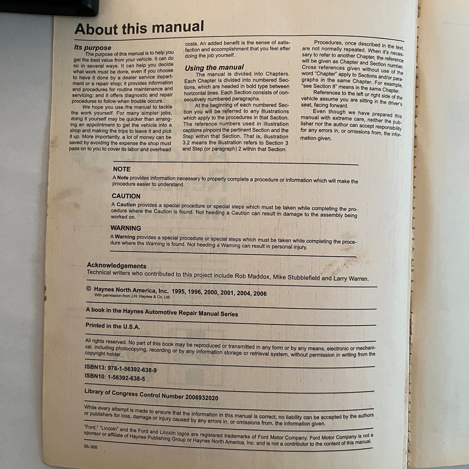 Lincoln Haynes Repair Manual 1970 Thru 2005 Rear Wheel Drive #59010