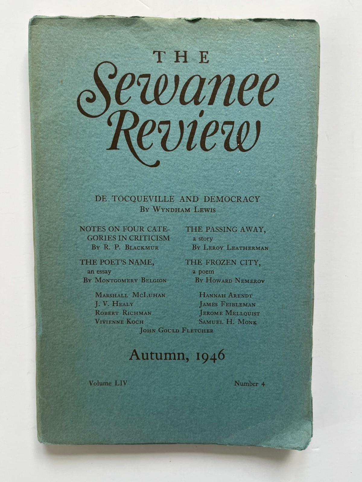 1946 MARSHALL MCLUHAN, Hannah Arendt, Wyndham Lewis ~ Sewanee Review