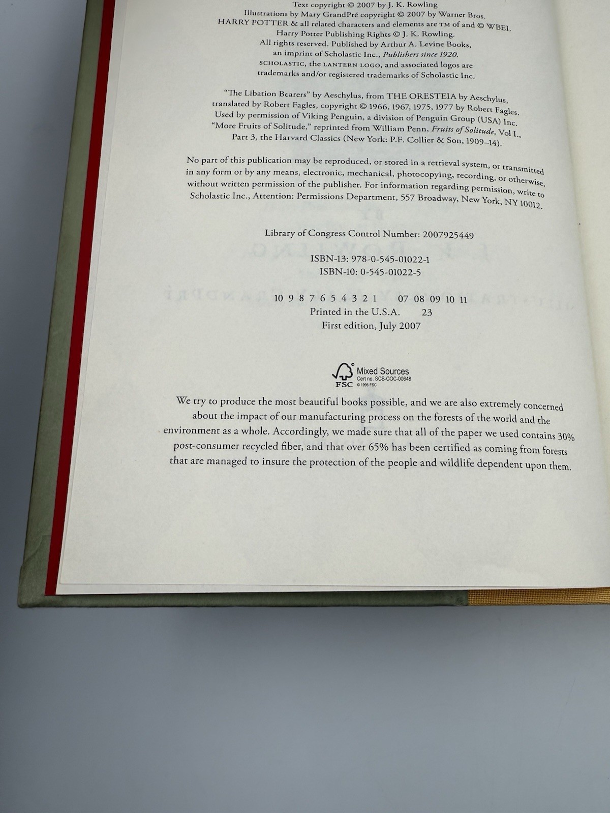 Harry Potter Deathly Hallows 1st Edition 1st Print 759 Error Hardcover