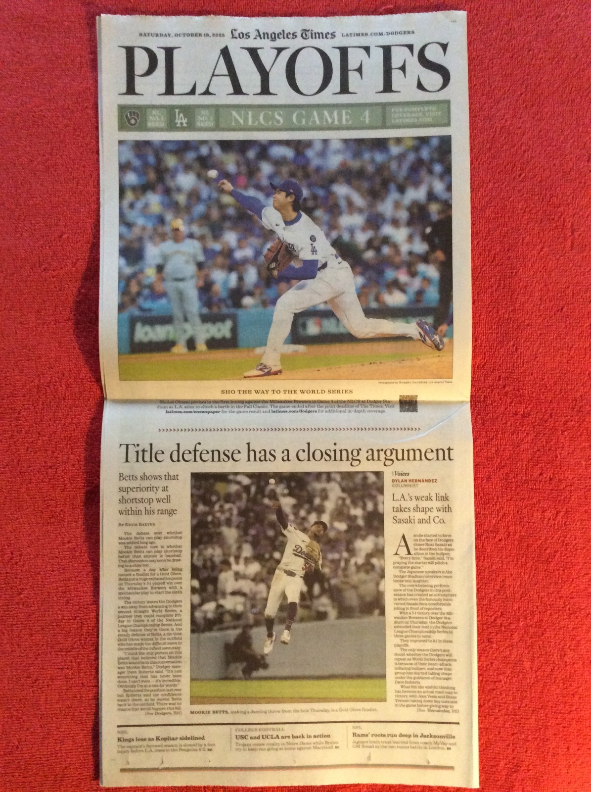 LA TIMES SPORTS OCTOBER 18 2025 NLCS GAME 4 DODGERS SHOHEI OHTANI MOOKIE BETTS