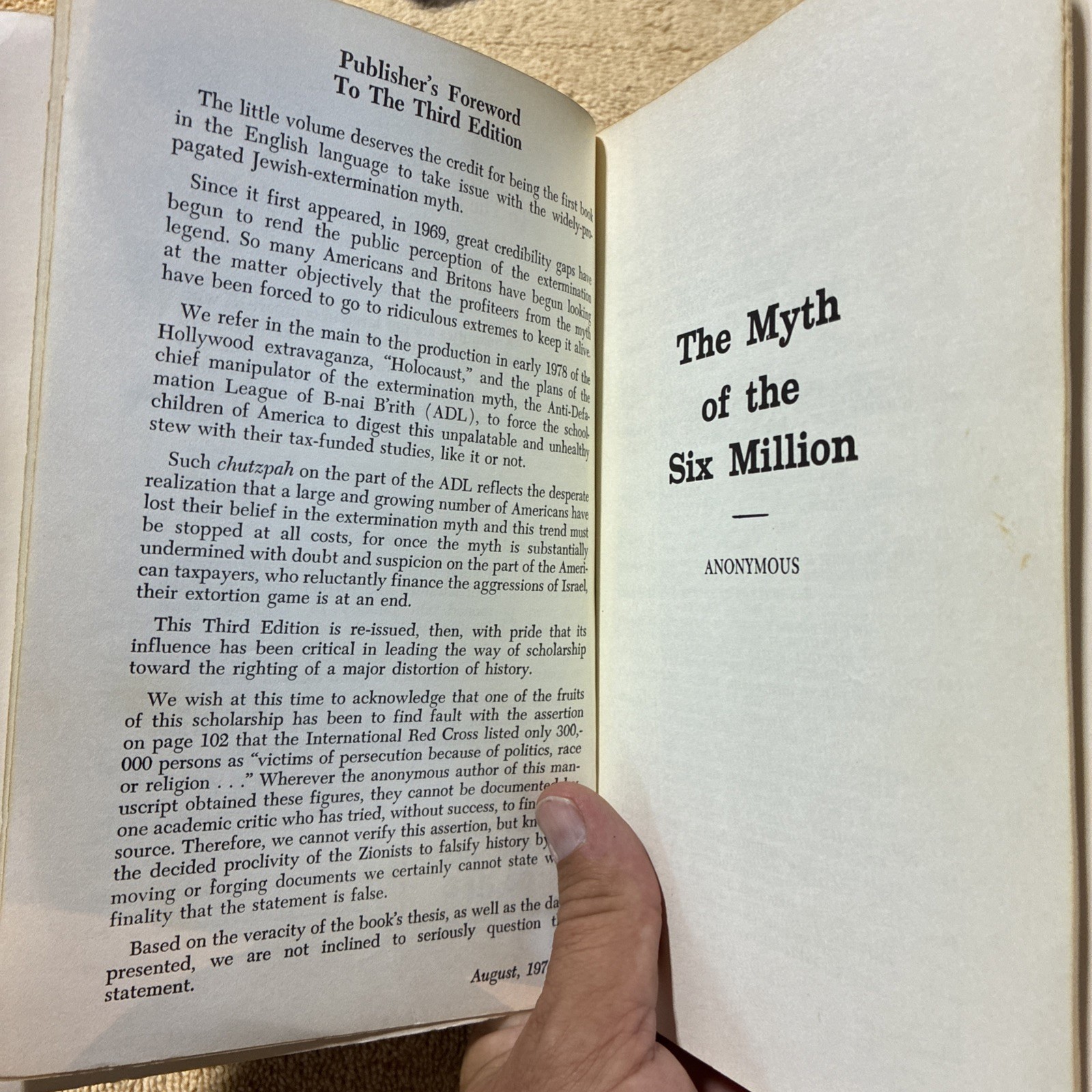 THE MYTH OF THE SIX MILLION, Noontide Press, 1st Print / 3rd Ed – 1978 TPB