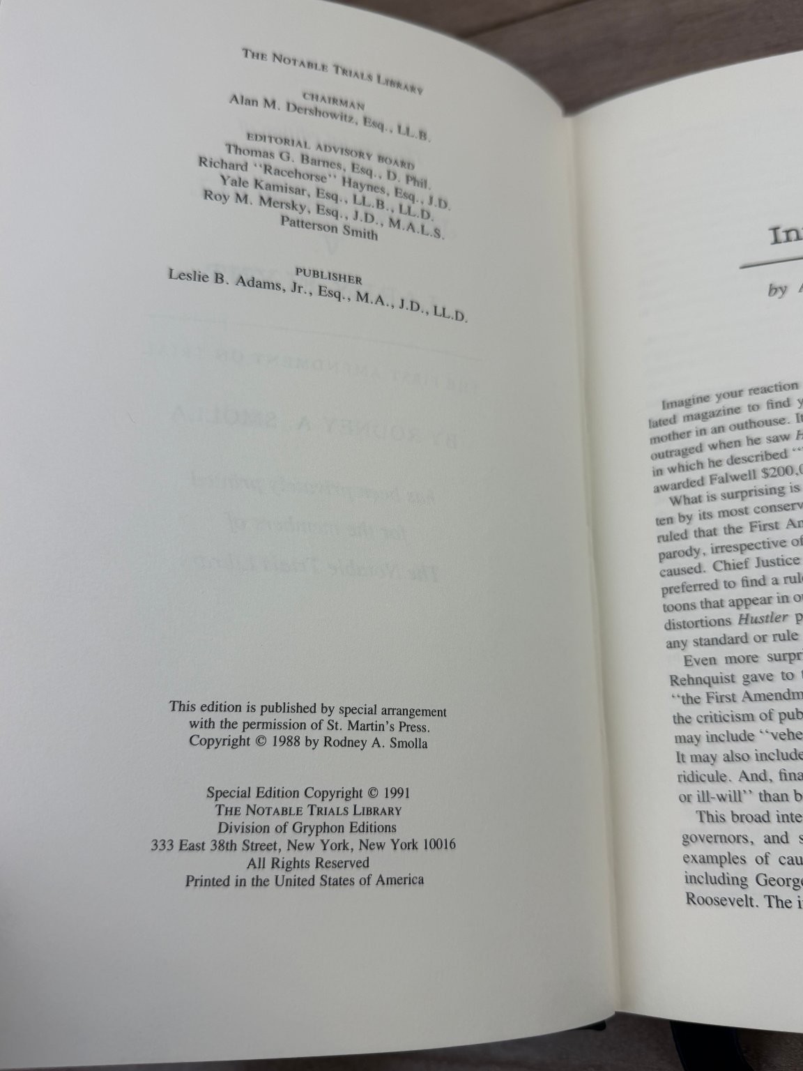 Jerry Falwell v. Larry Flynt Smolla 1991 Notable Trials Library Leather Bound