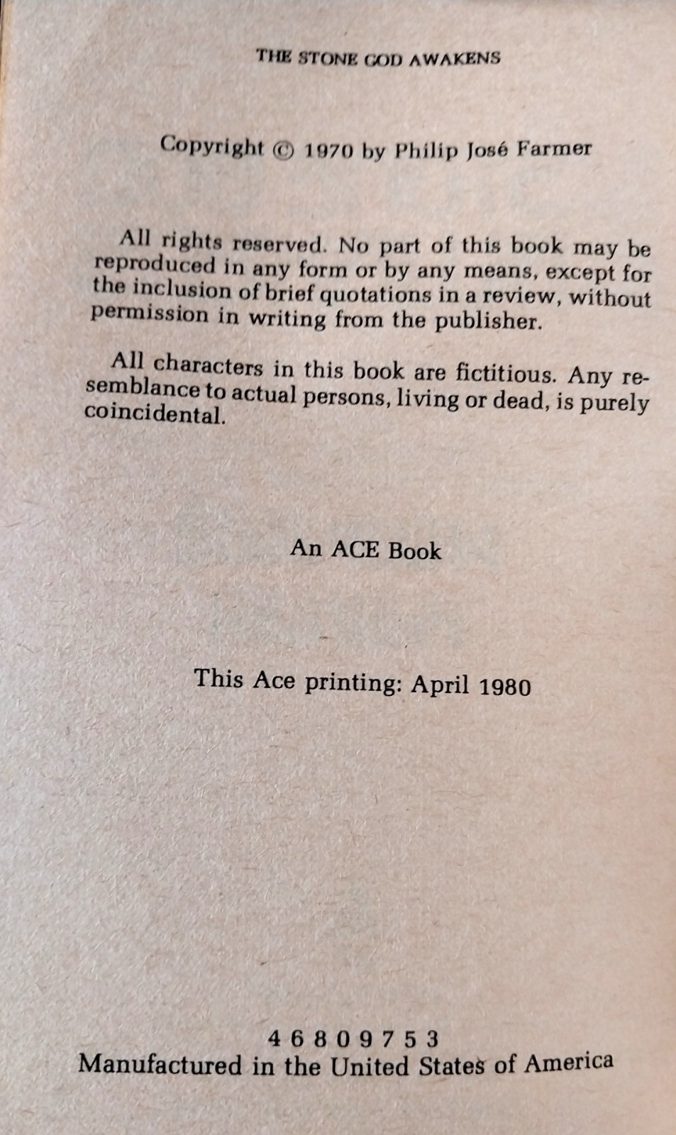 Philip Jose Farmer – The Stone God Awakens – Ace Books 1980 Printing