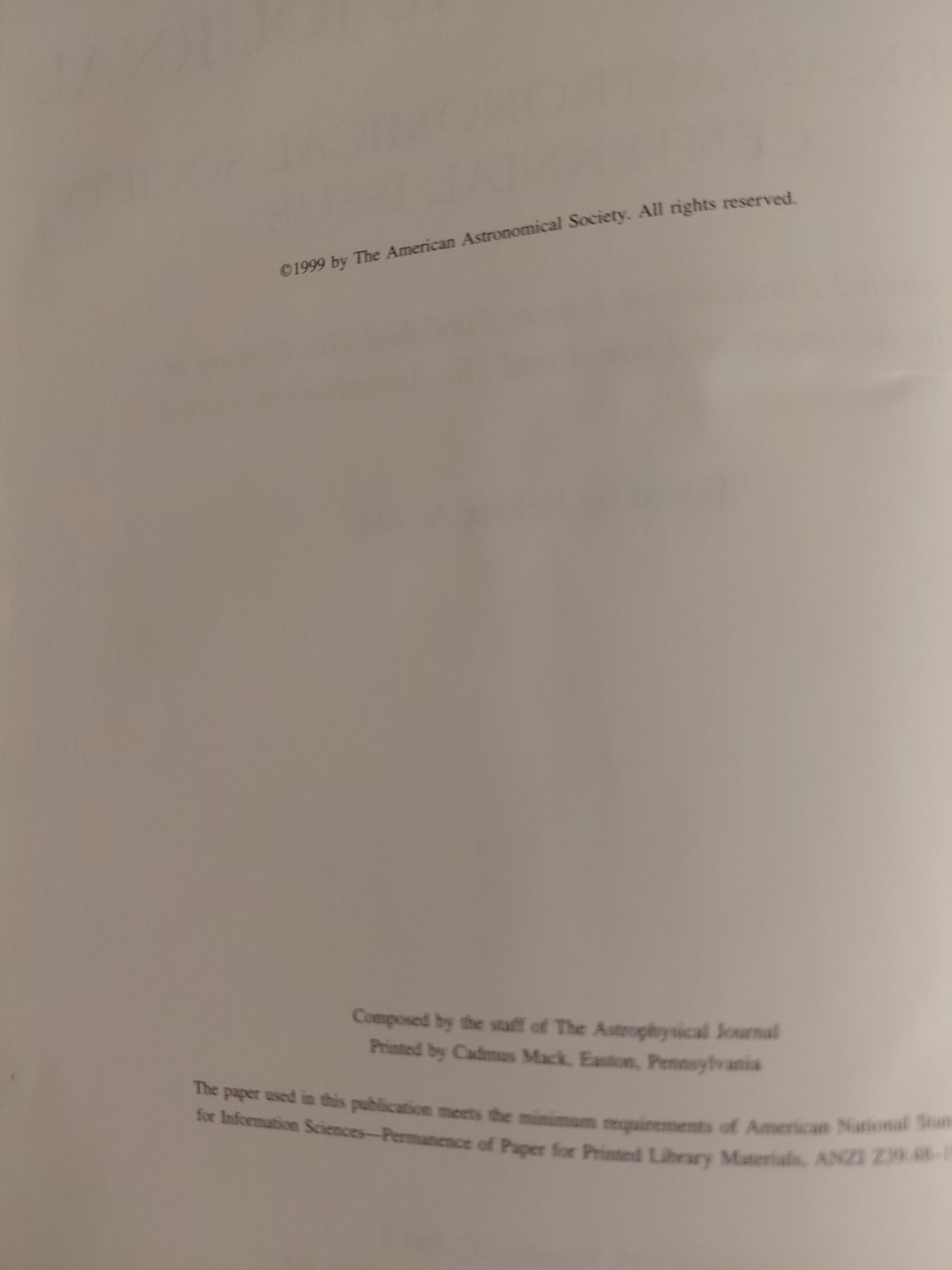 THE ASTROPHYSICAL JOURNAL. AMERICAN ASTRONOMICAL SOCIETY CENTENNIAL ISSUE 1999