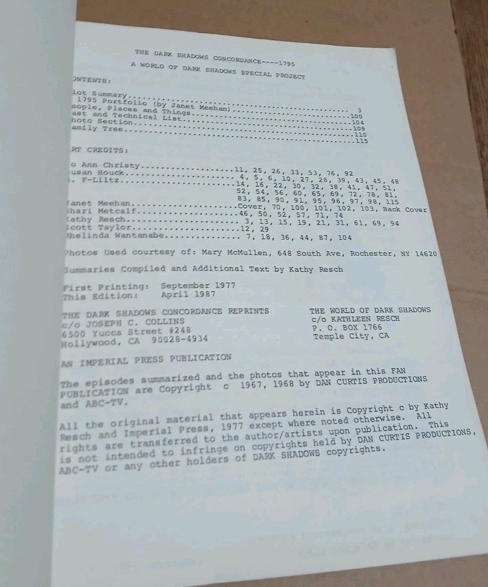 Dark Shadows Concordance 1795 TV Series Reference Guide Rare Fanzine Vintage
