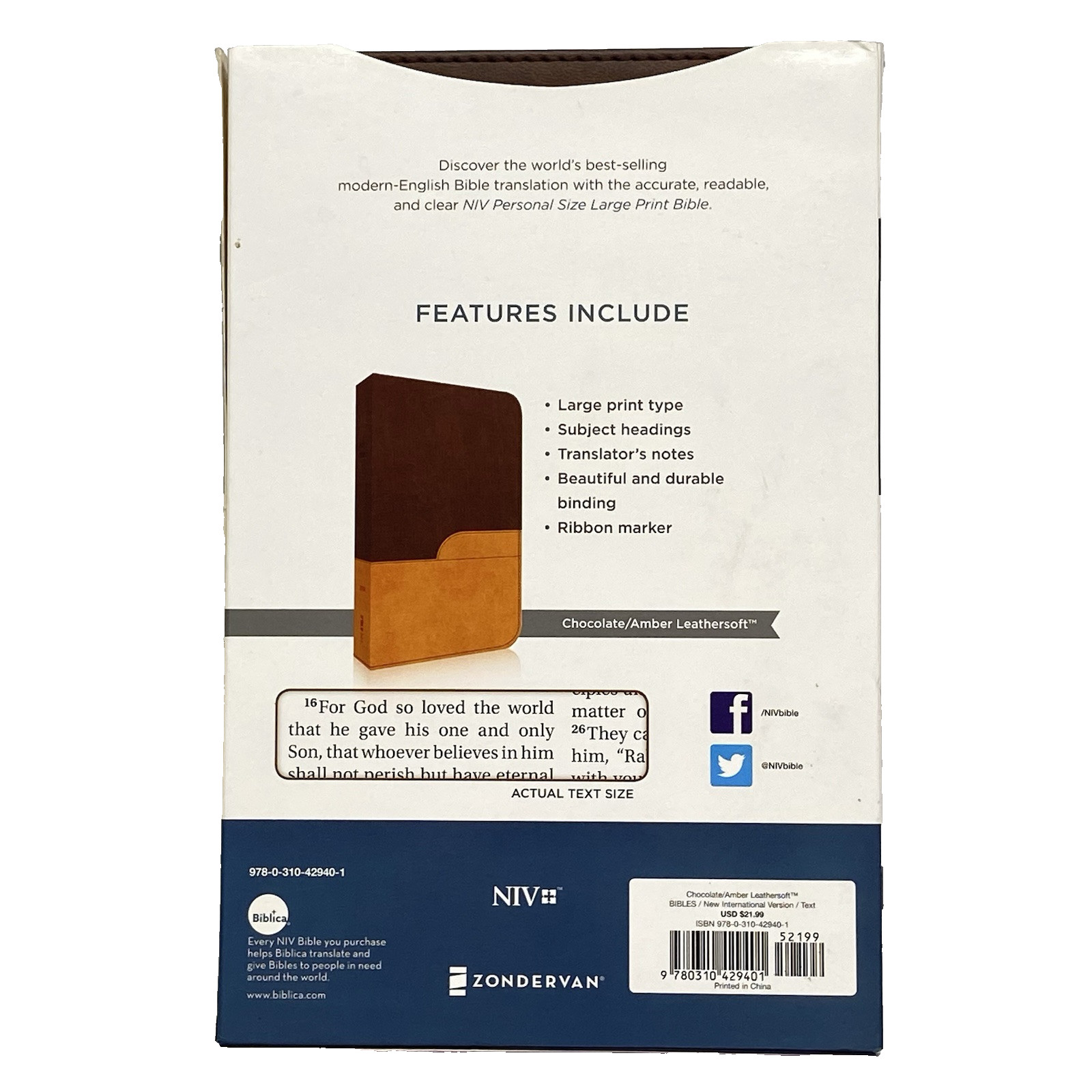 NIV Large Print Bible Leathersoft Chocolate Amber Zondervan Personal Size Ribbon