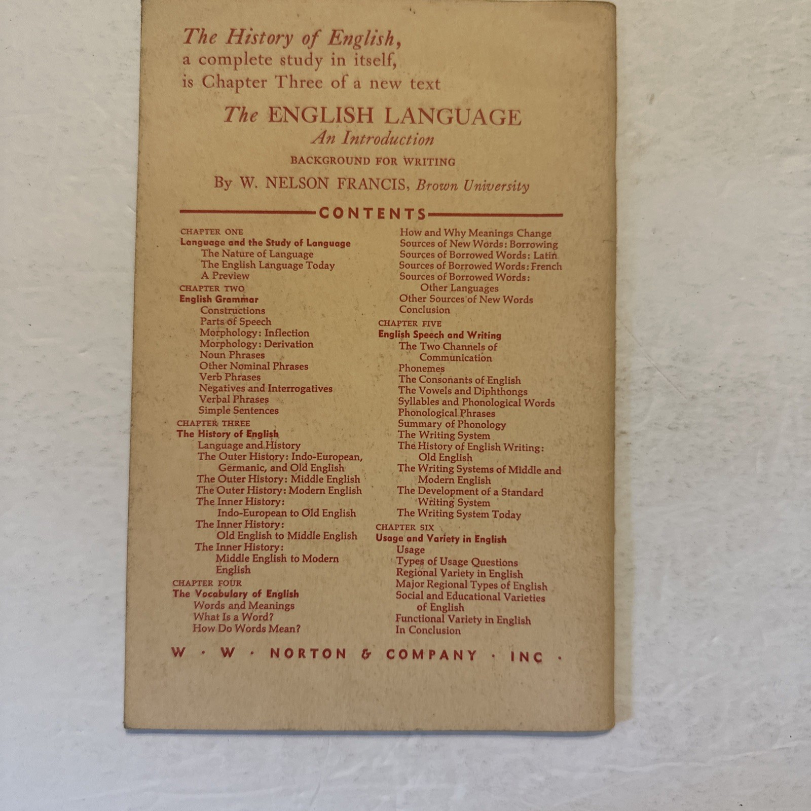 The History of English by W Nelson Francis 1963 W W Norton Paperback Pamphlet
