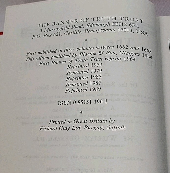 The Christian in Complete Armour By William Gurnall Banner Of Truth 1989 HC READ
