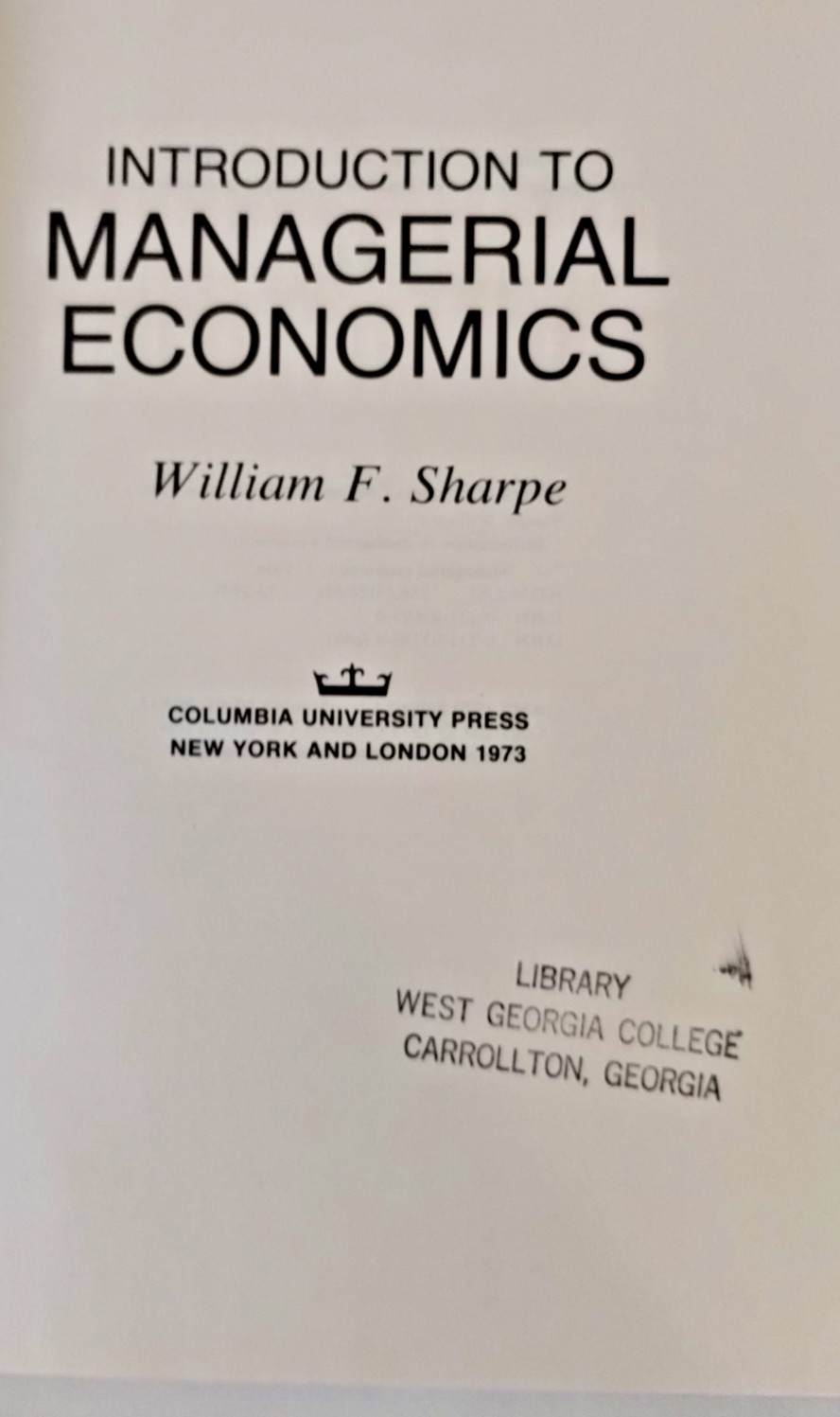 Introduction To Managerial Economics By William Sharpe HC 1973