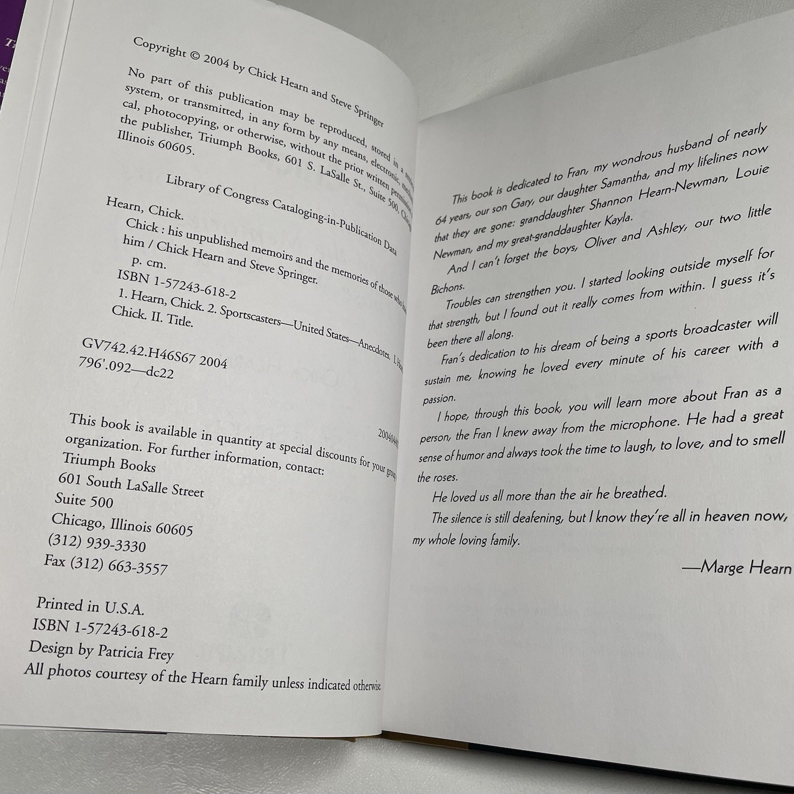 Chick Hearn His Unpublished Memoirs Book Signed By Steve Springer Marge 2004