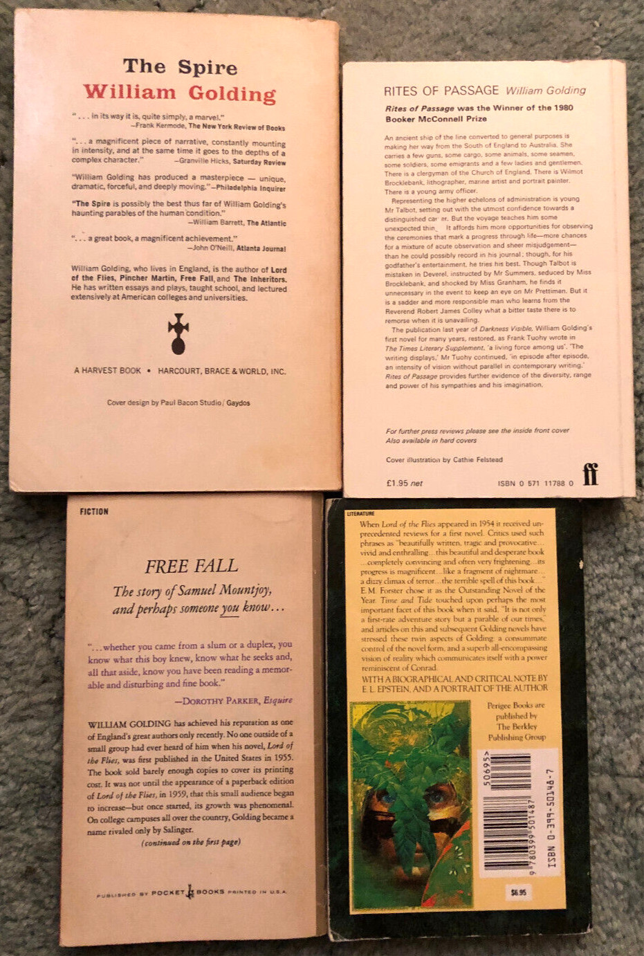 William Golding books, lot of 4, The Spire, Rites of Passage, Free Fall