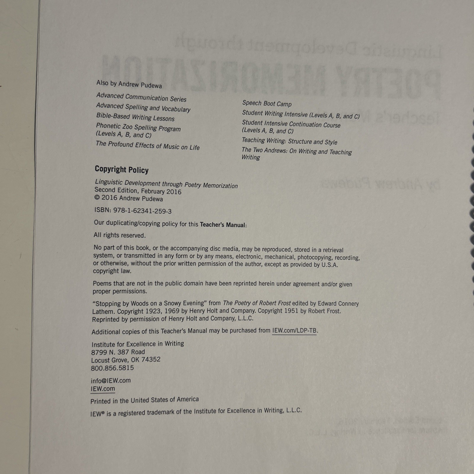 IEW Poetry Memorization Linguisitic Development Mastery Learning Teachers Manual