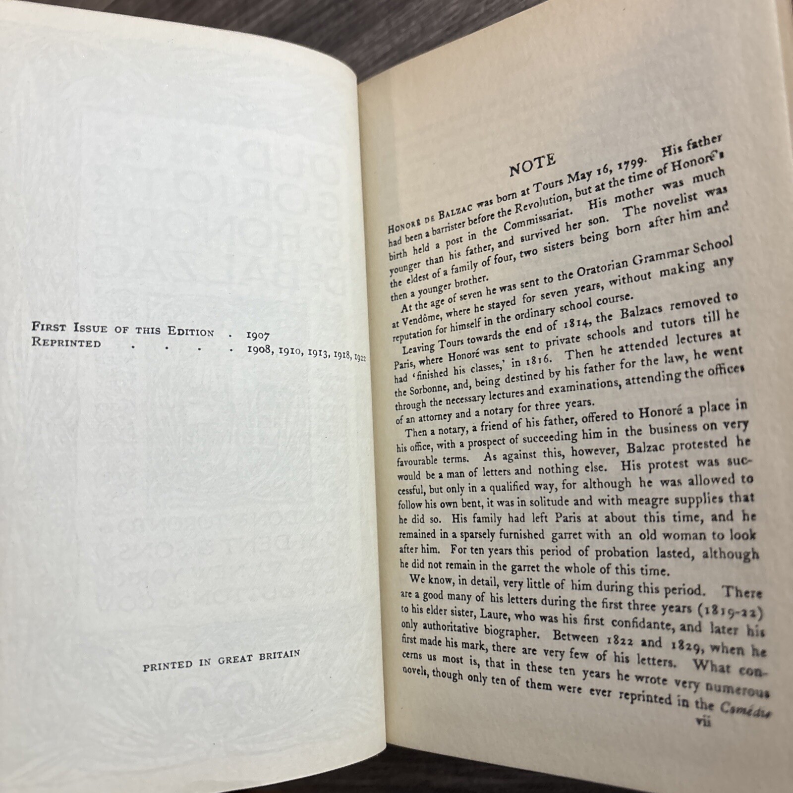 Old Goriot By Honore de Balzac J. M. Dent & Sons Ltd. 1922 Reprint