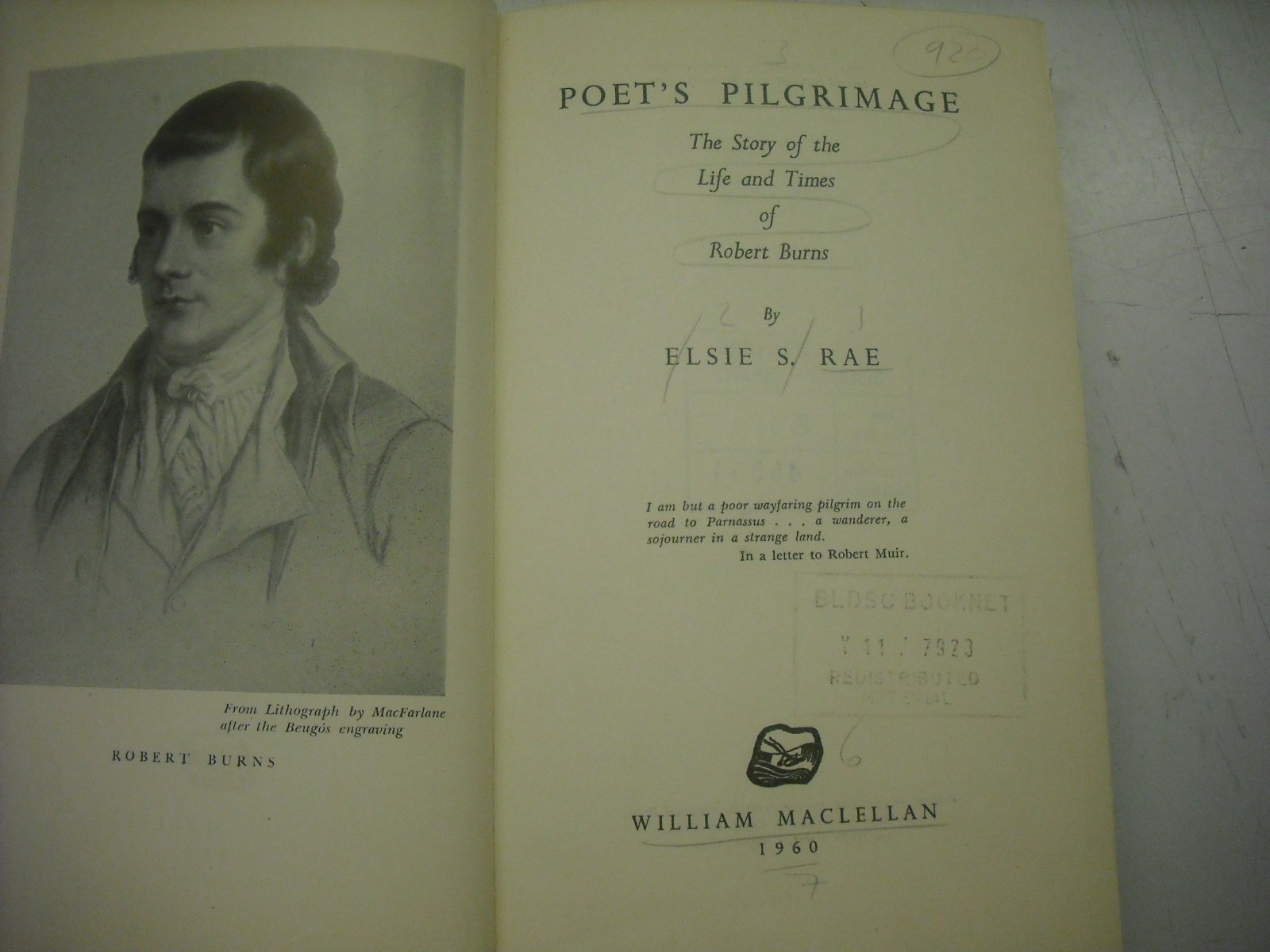 Poet’s Pilgrimage Life and Times of Robert Burns. Elsie Rae, 1960 hb/dj