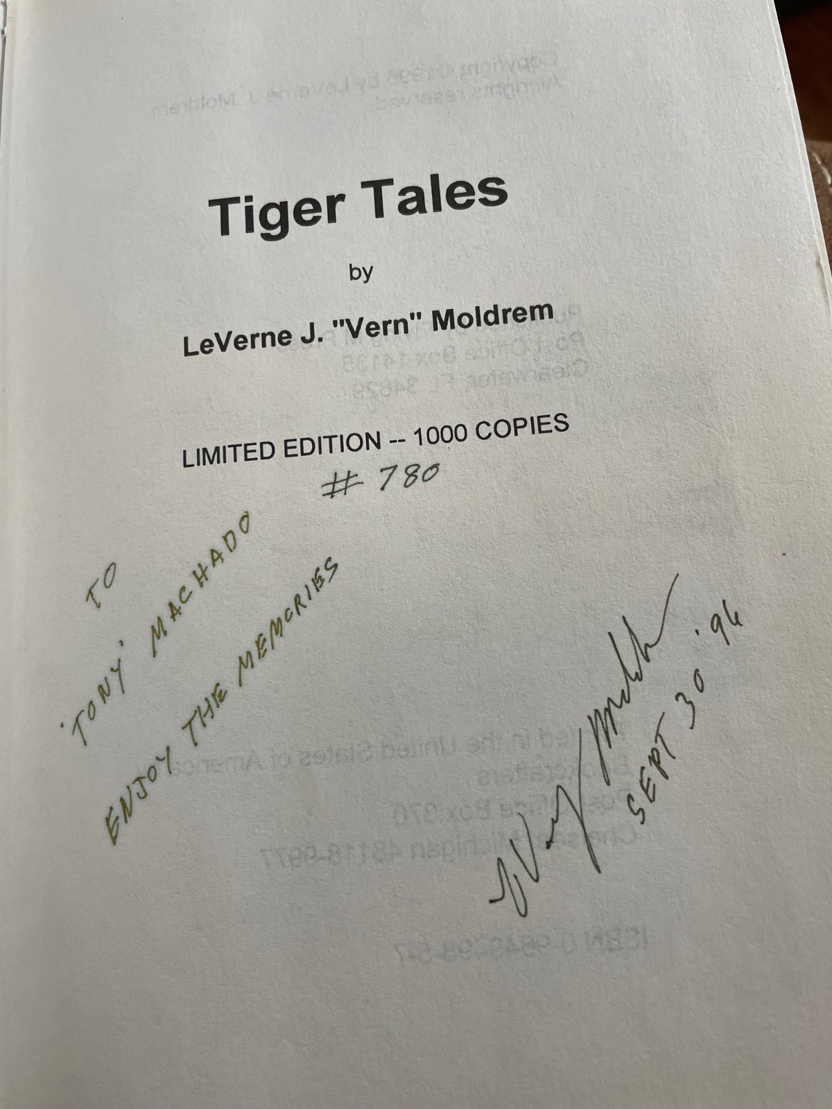 Tiger Tales by LeVerne J. Moldrem, Signed, 1st Edition, Hardcover, 1996