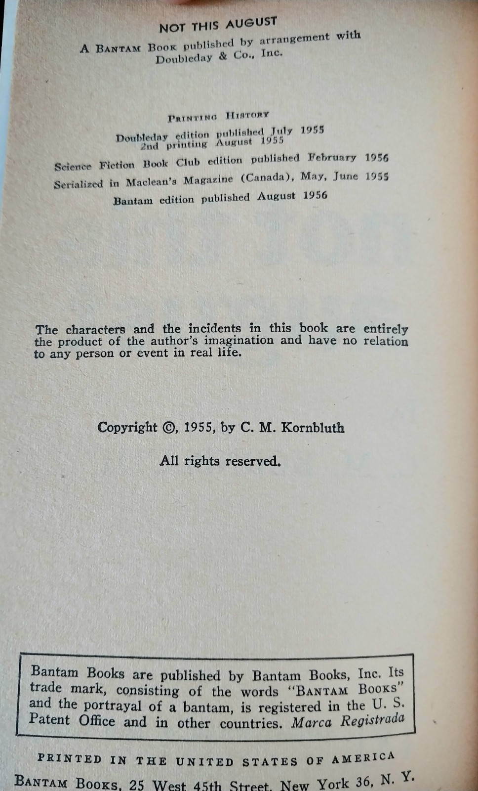 Cyril M. Kornbluth – Not This August – Bantam Books First Printing 1956