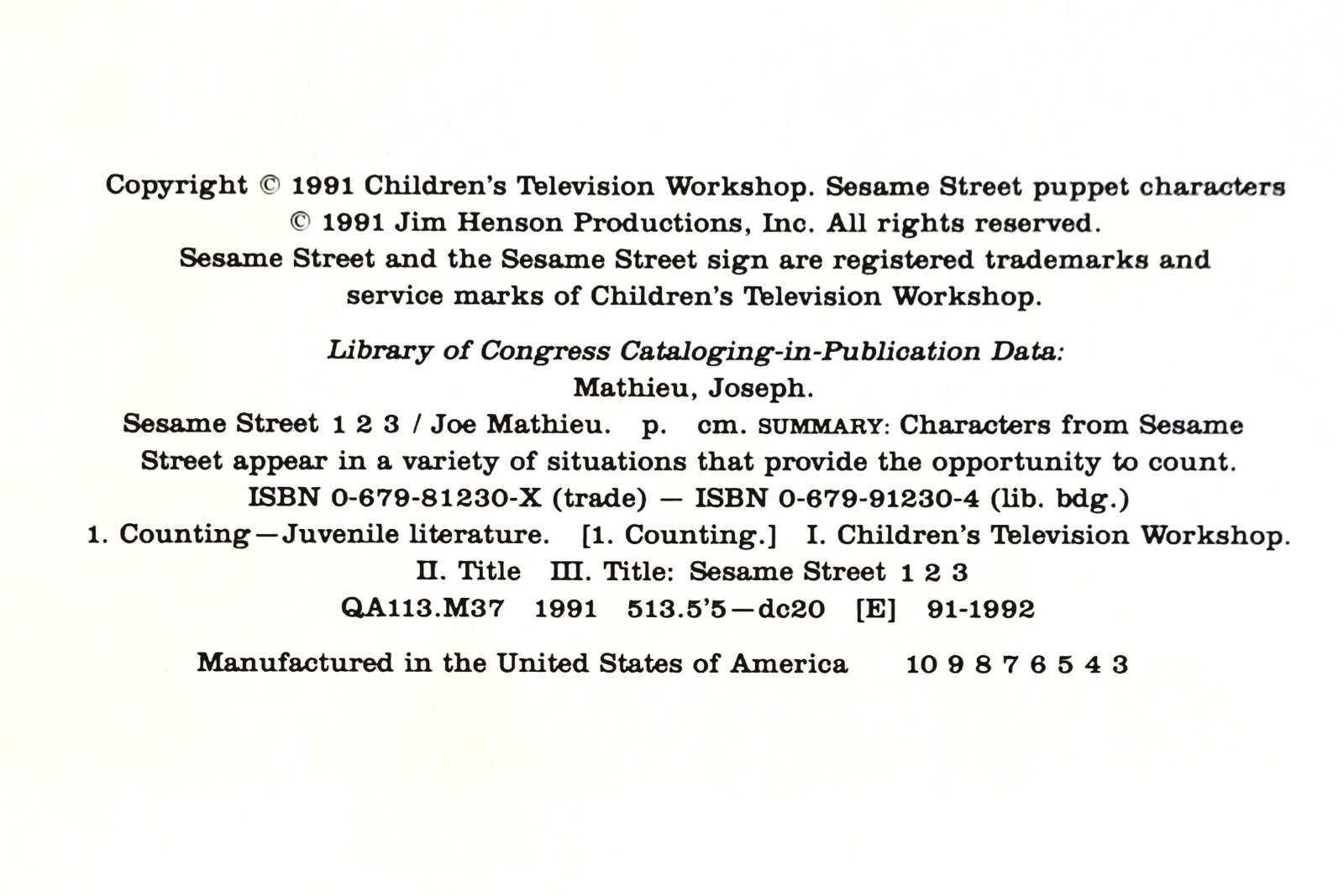 CTW SESAME STREET 1, 2, 3: A COUNTING BOOK FROM 1 TO 100 IN PERFECT CONDITION!