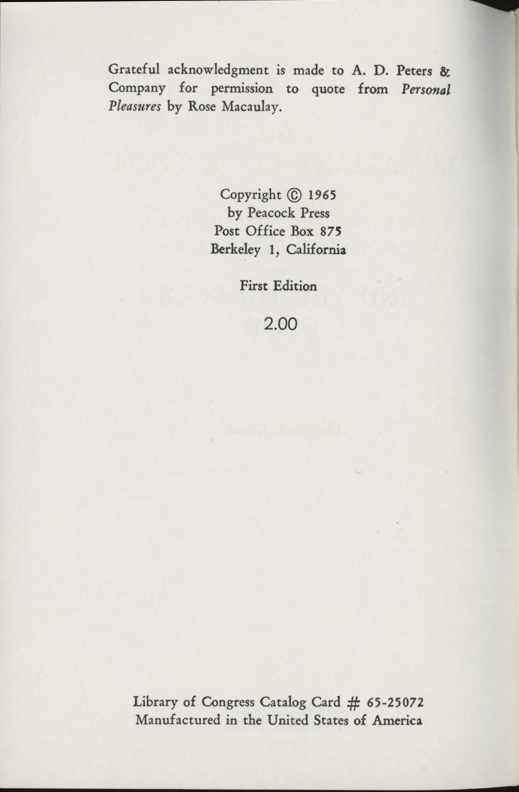 A LIBRARIAN’S COOKBOOK Liselotte Glozer Berkeley California 1965