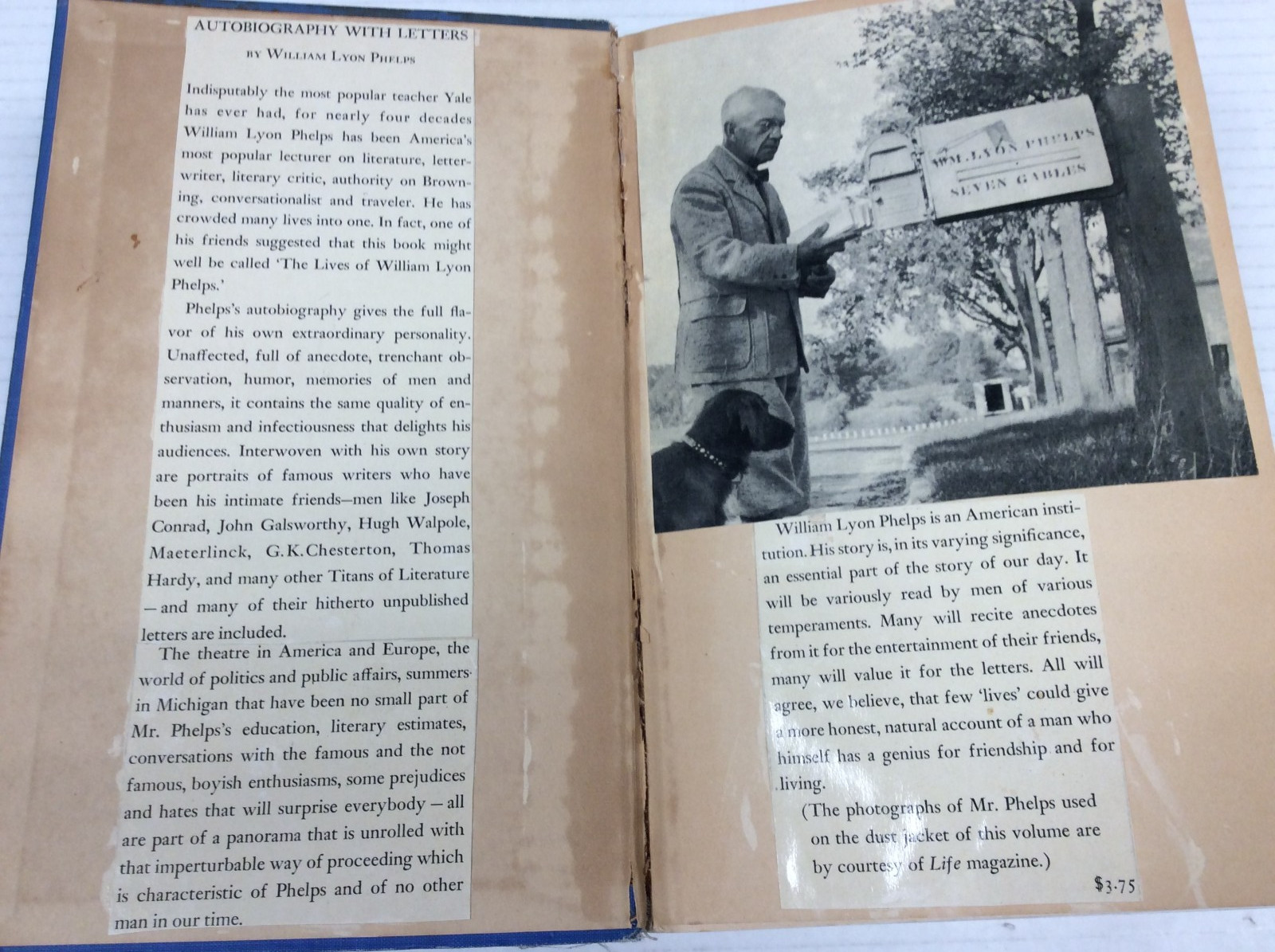 AUTOBIOGRAPHY WITH LETTERS William Lyon Phelps HC + Personal Notes 1939