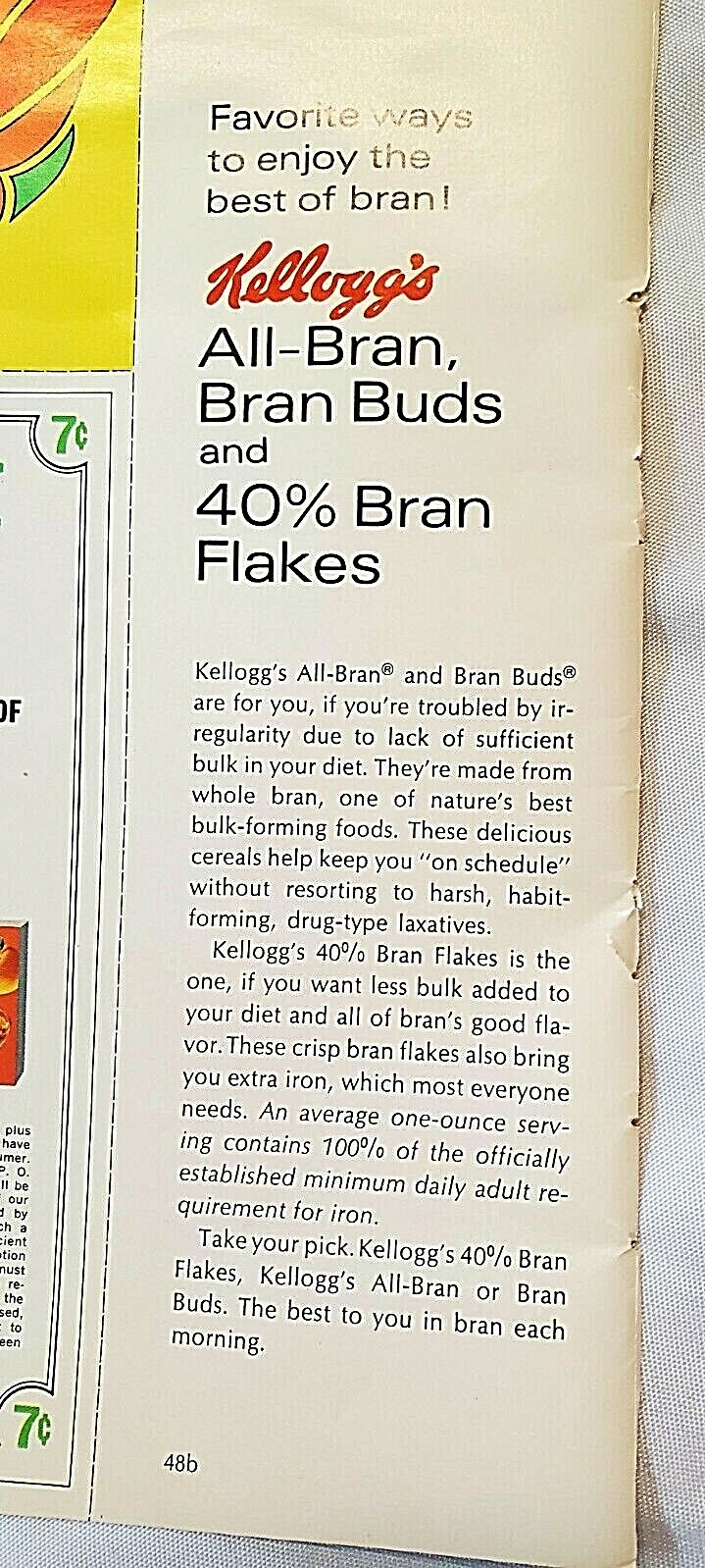 VINTAGE 1971 KELLOGG’S ALL-BRAN BRAN BUDS/ FLAKES COUPON $0.07 CENTS AND AD PAGE