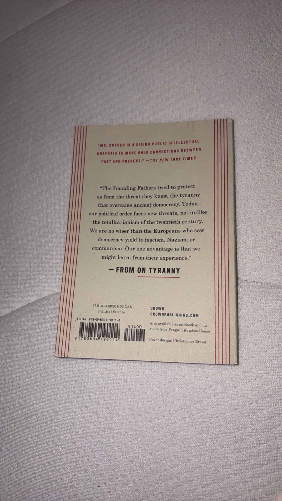 On Tyranny by Timothy Snyder Trade Paperback Political Science Fascism Book