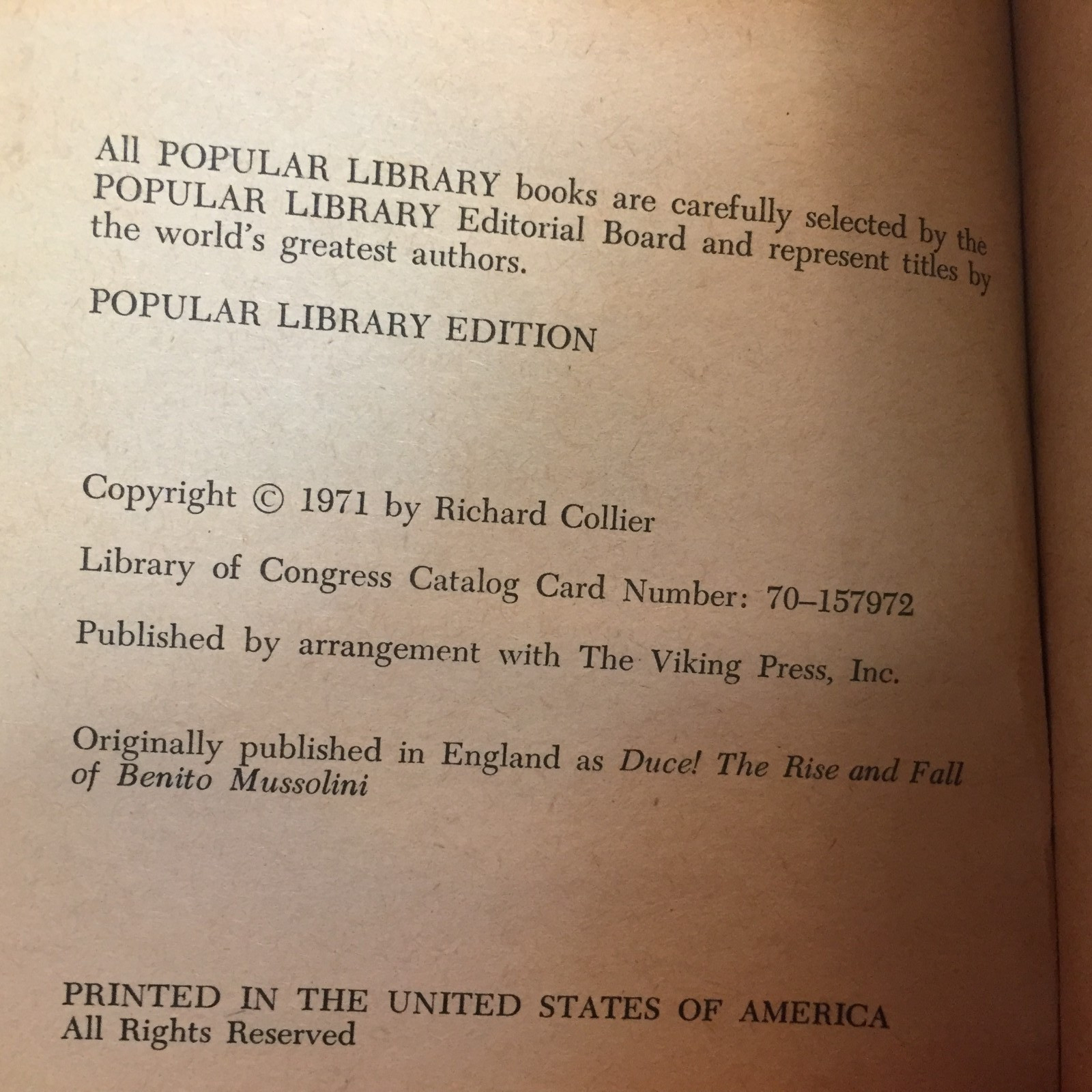 Duce! Military Biography Paperback Book by Richard Collier Popular Library 1971