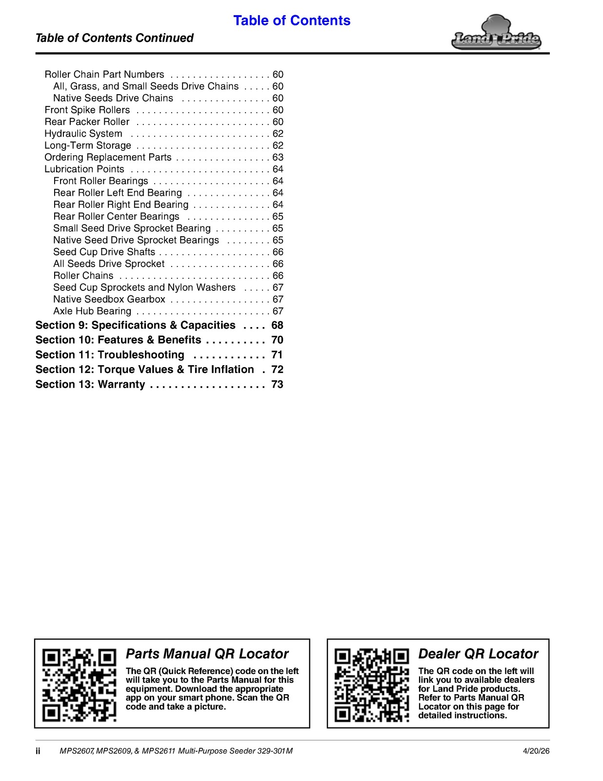 LAND PRIDE MPS26 Series Multi-purpose Seeder Operators Manual – WIRE BOUND