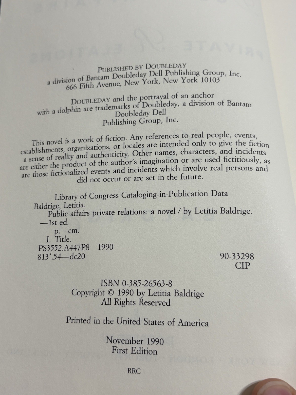 1990 1st Edition Public Affairs Private Relations Letitia Baldridge HC Book