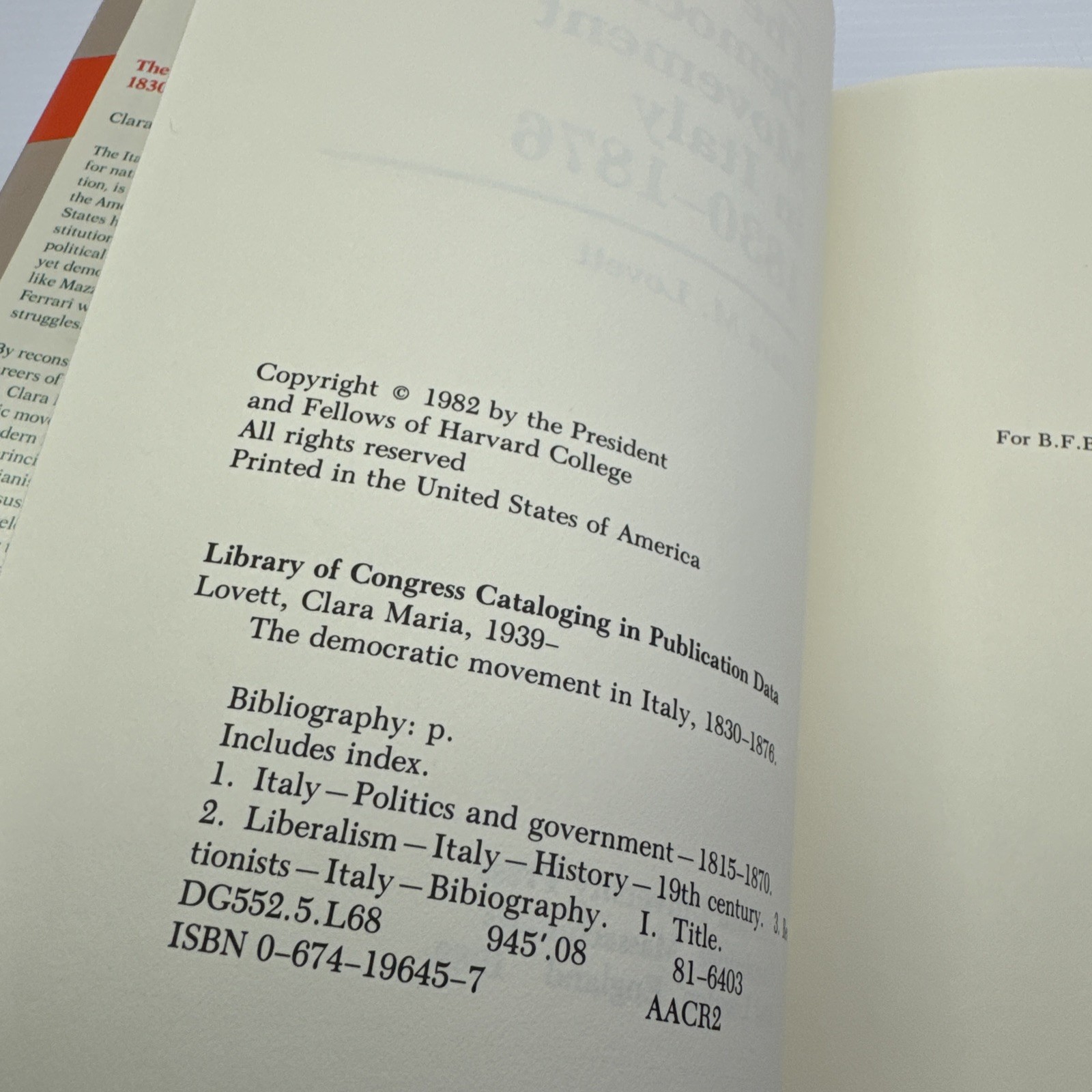 The Democratic Movement in Italy 1830-1876 Clara M. Lovett HC Harvard Press 1982