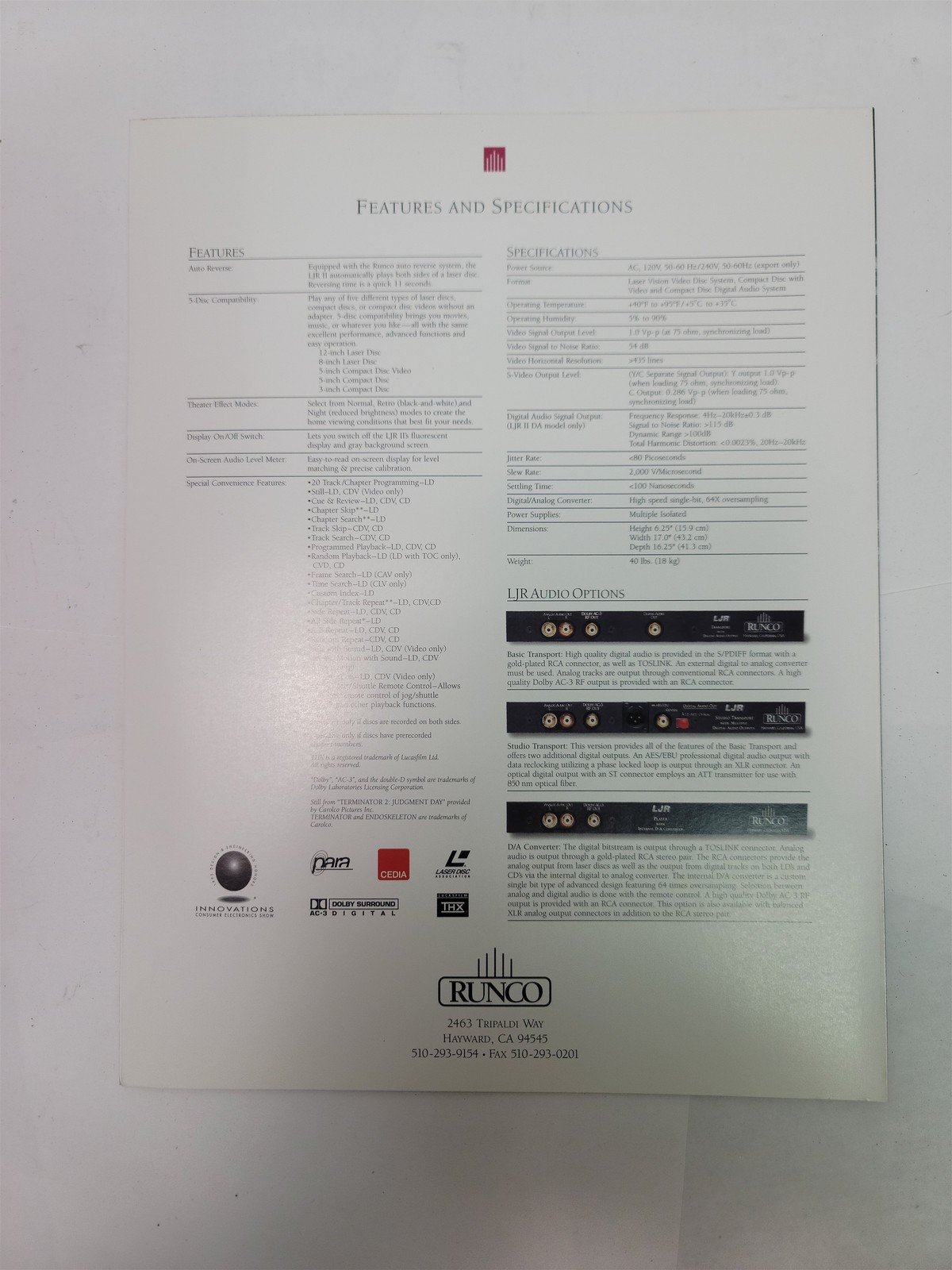 1990’s Runco LJR II THX Certified Laser Multi-Disc Player Brochure & Specs