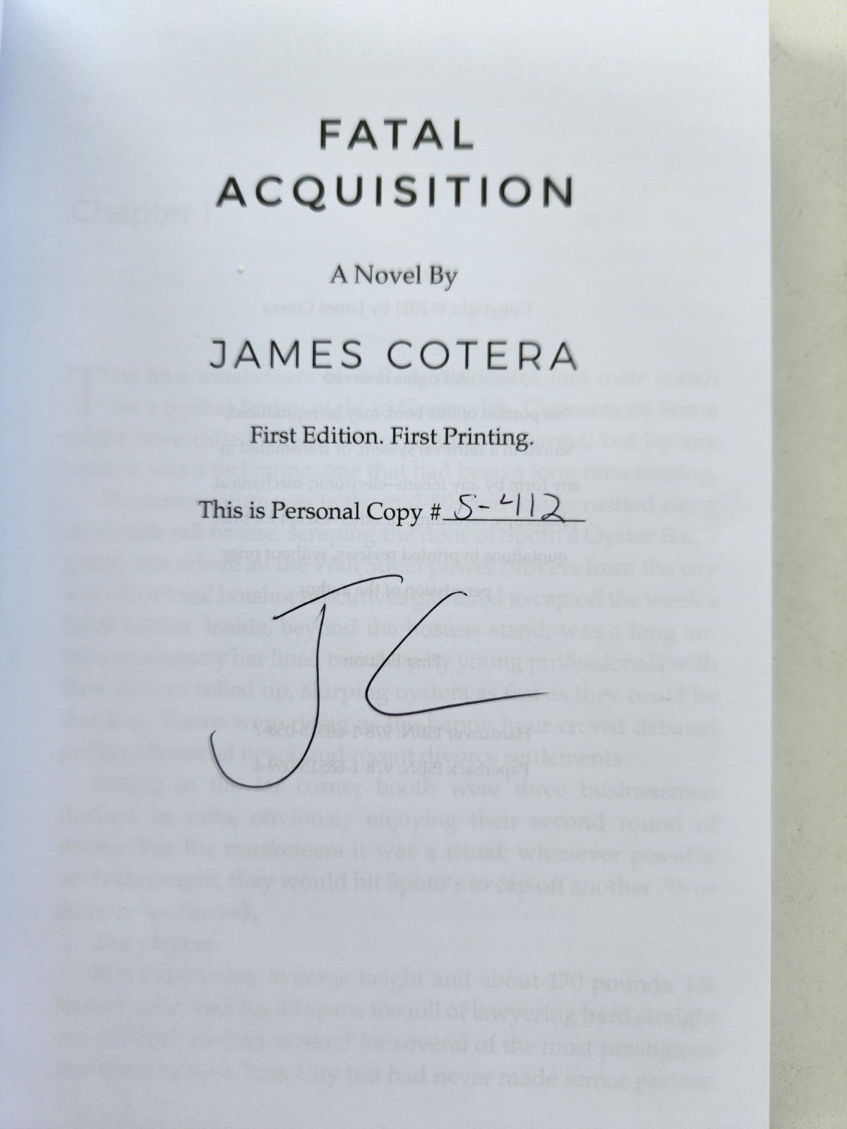 FATAL ACQUISITION BY JAMES COTERA 2021 1ST EDITION SIGNED LIMITED 5 / 412 COPES